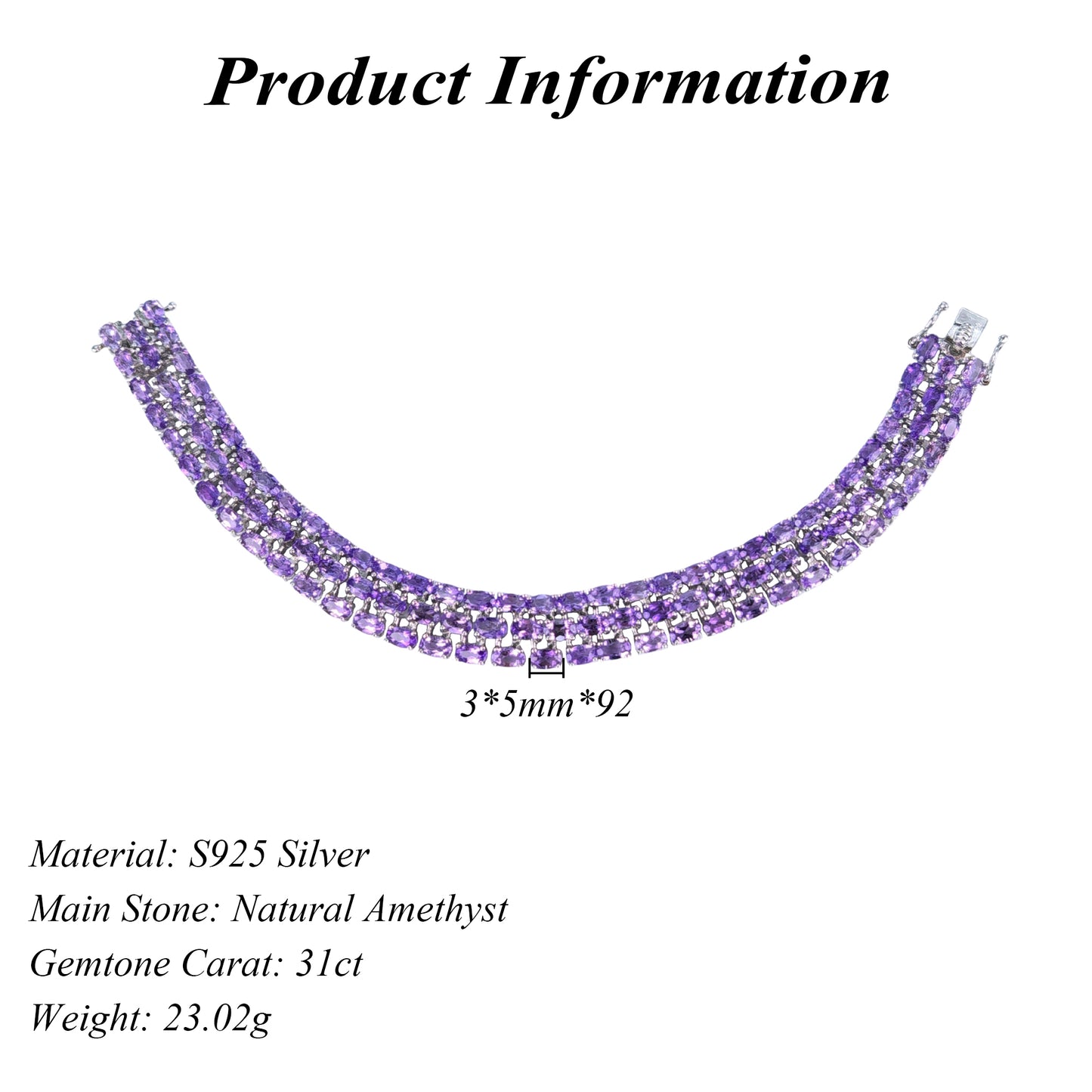 Luxurious Rhodium Plated Silver 925 Jewelry Natural Amethyst Bracelet