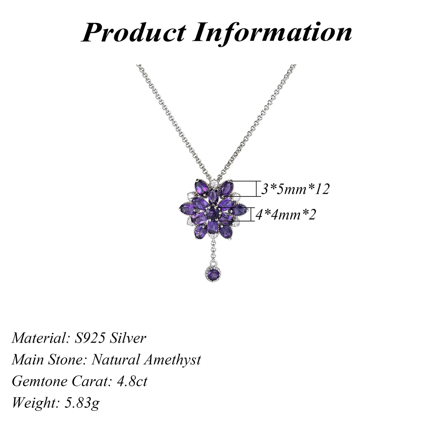 Dazzling Rhodium Plated Silver 925 Jewelry Natural Amethyst Flower Necklace