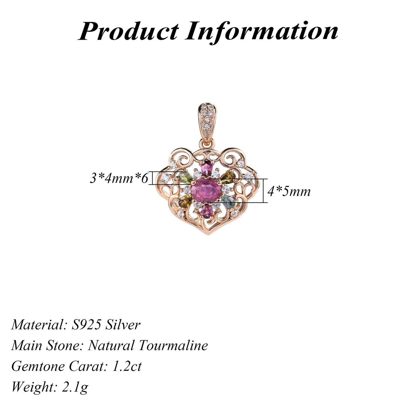 Delicate Rose Gold & Silver 925 Pendant Natural Tourmaline Flower Charm