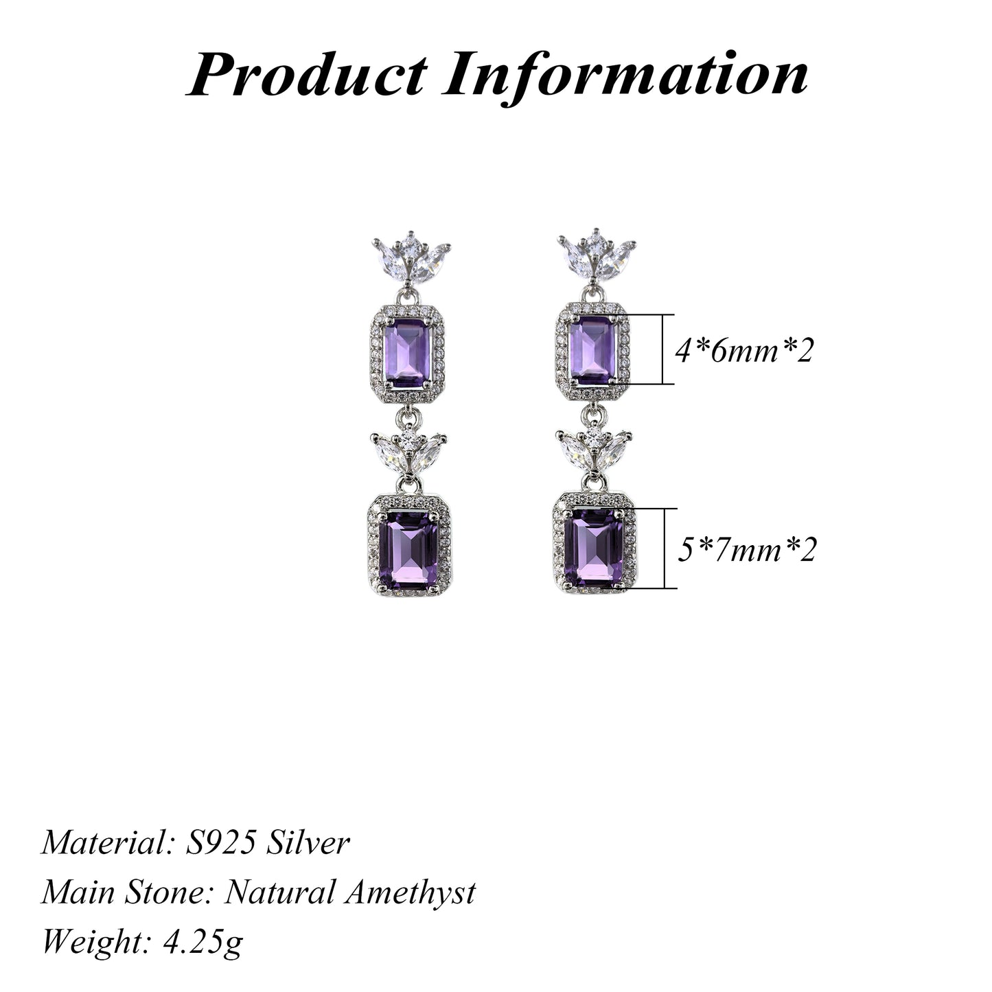 Graceful Rhodium Plated S925 Silver Jewelry Natural Amethyst Drop Earrings
