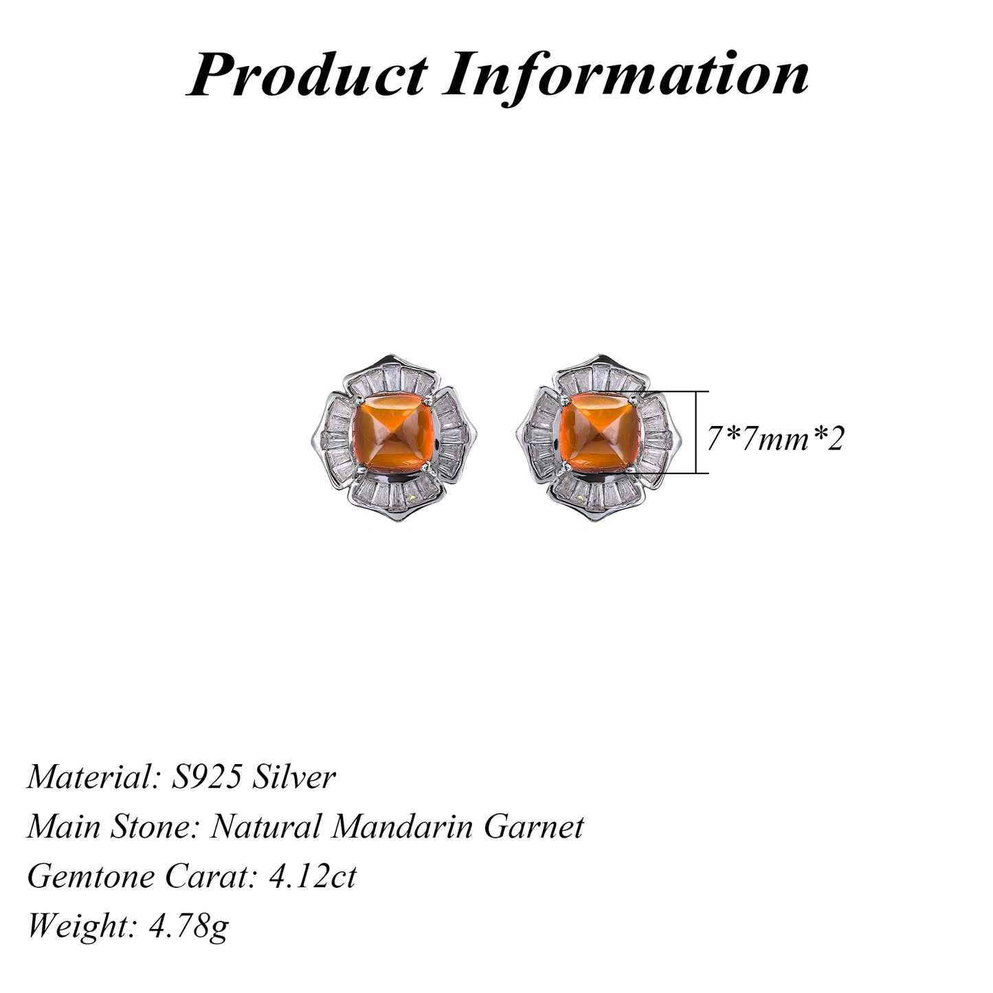 Gorgeous Rhodium Plated 925 Silver Jewelry Natural Mandarin Garnet Stud Earrings