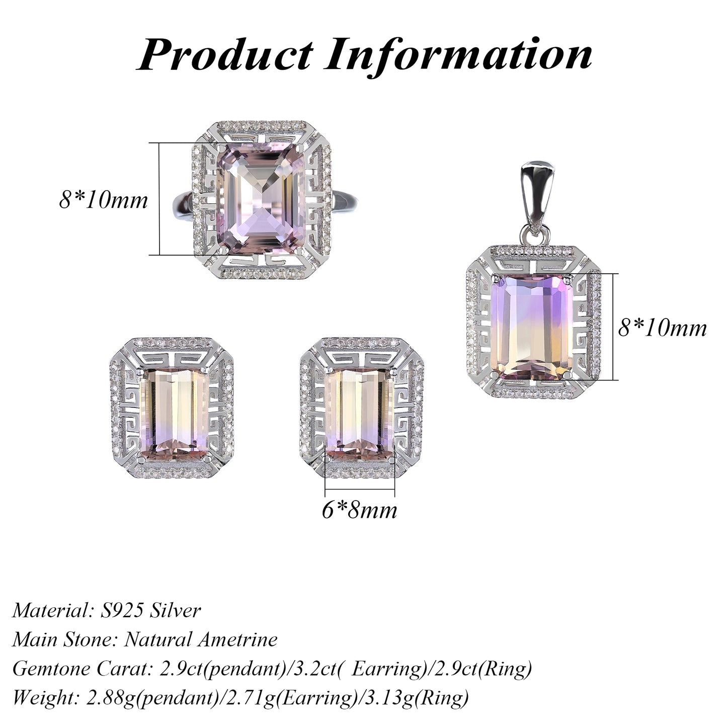 Glamorous Rhodium Plated Joyeria Plata 925 Natural Ametrine Jewelry Set
