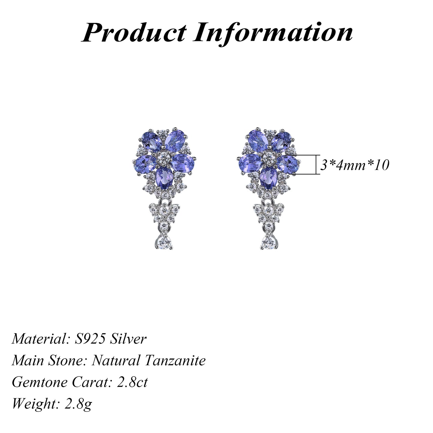 Sparkling Rhodium Plated 925 Silver Natural Tanzanite Flower Drop Earrings