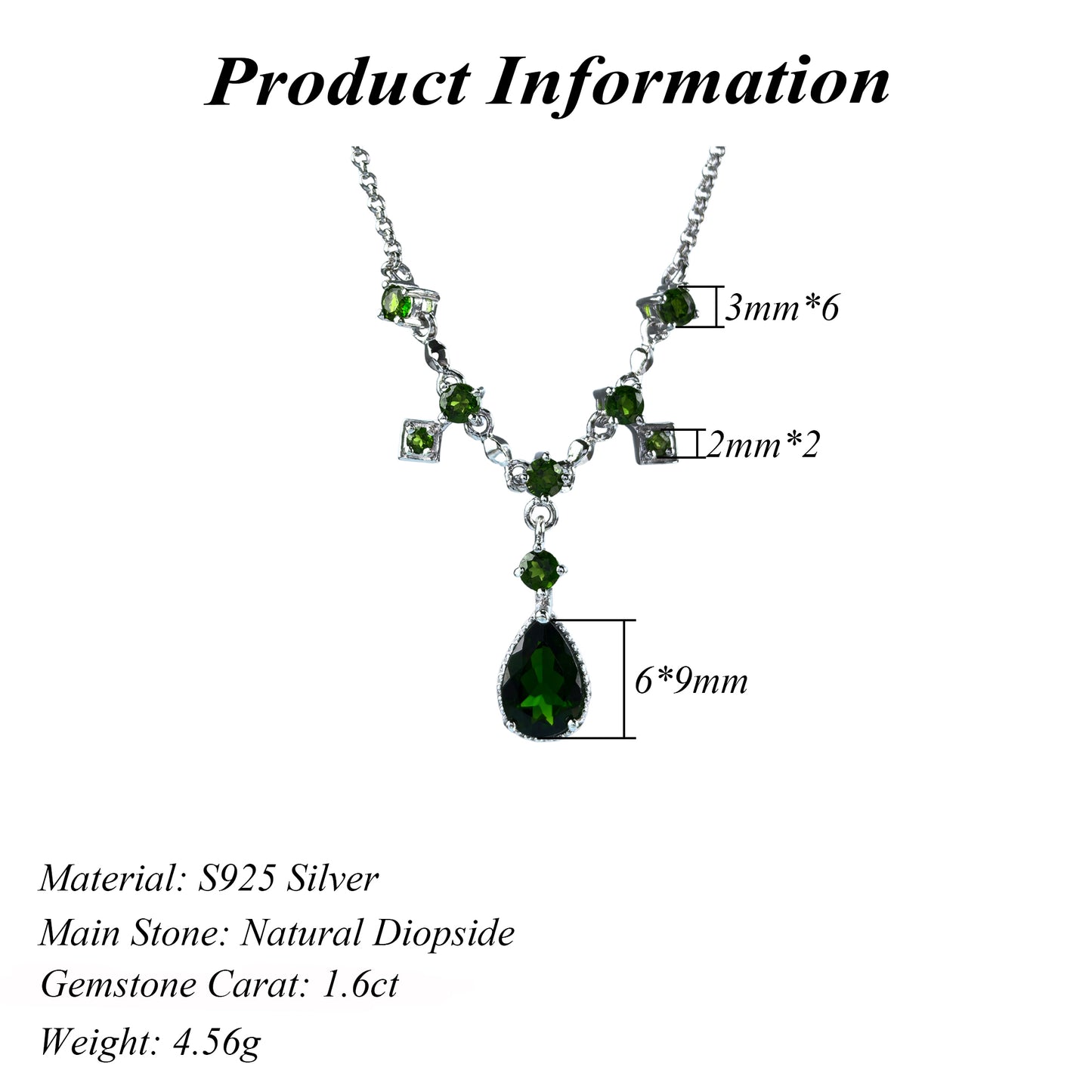 Dazzling Rhodium Plated 925 Silver Jewelry Natural Diopside Necklace