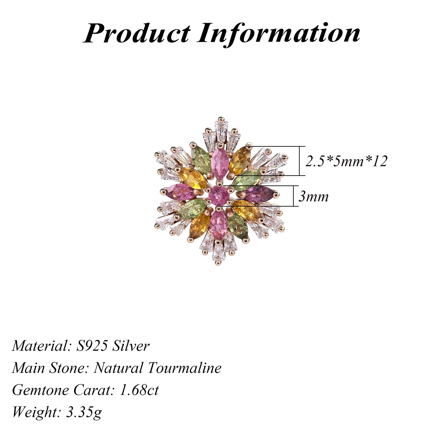 Sparkling Rose Gold Plated 925 Sterling Silver Natural Tourmaline Snowflake Pendant