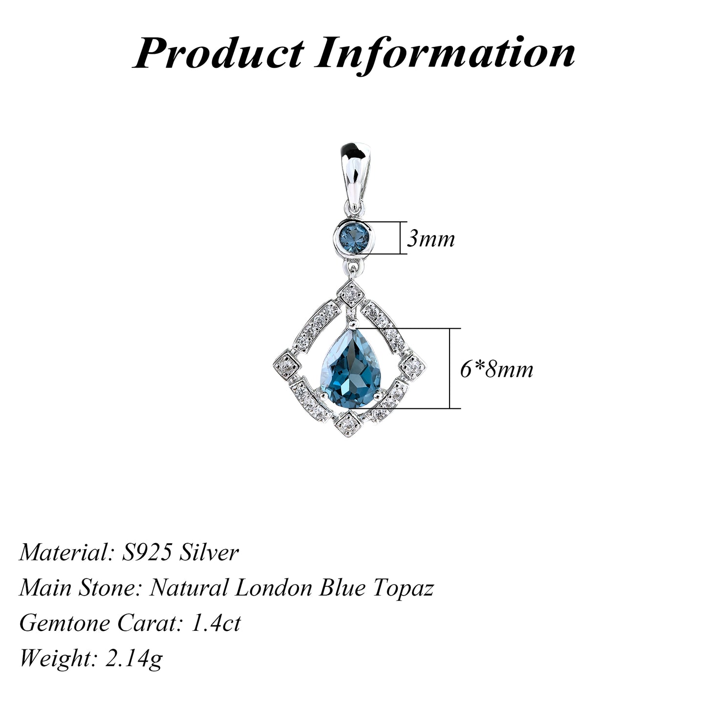 Elegant Rhodium Plated 925 Sterling Silver Natural London Blue Topaz Pendant