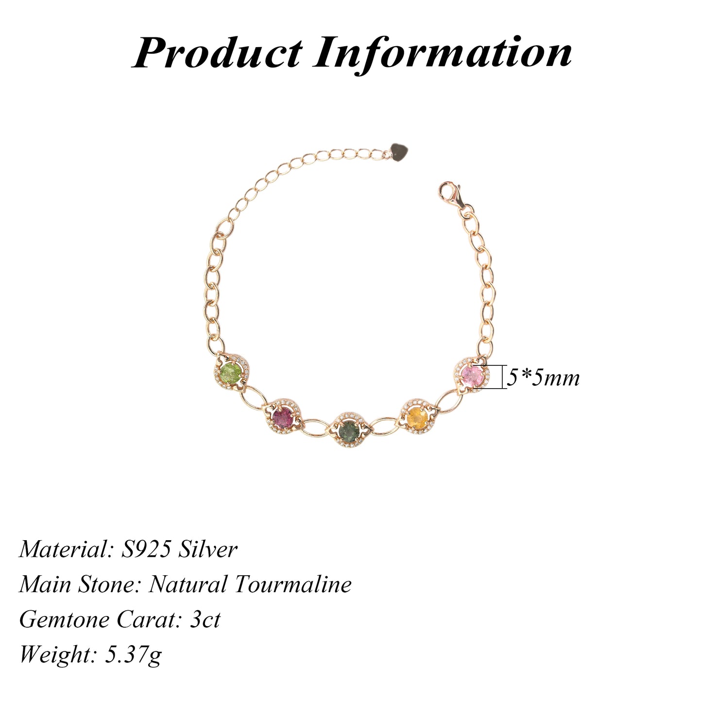 925 Sterling Silver Natural Tourmaline Bracelet Rose Gold Plated Trendy Design for Women's Daily Wear Party or Wedding Gift