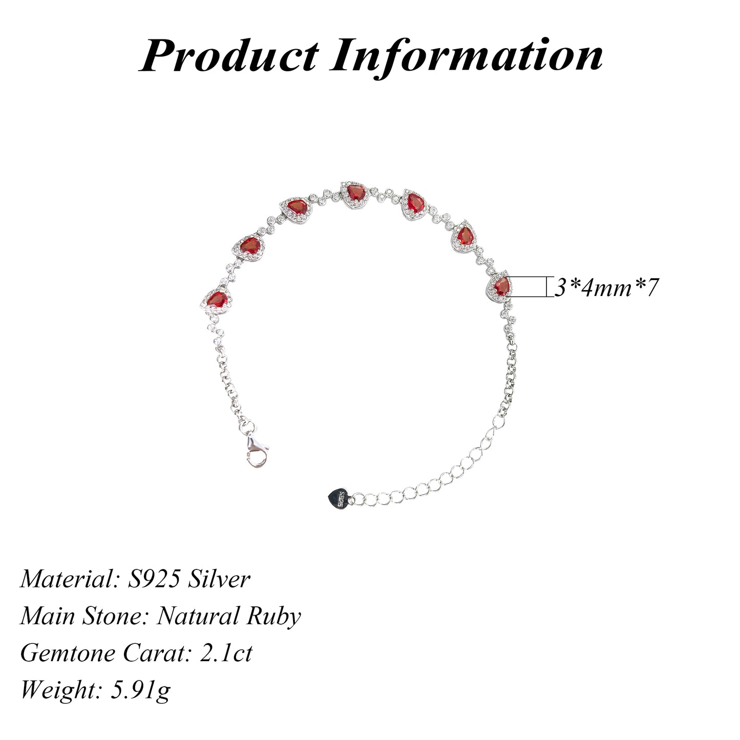 Gorgeous Rhodium Plated 925 Sterling Silver Natural Ruby Bracelet