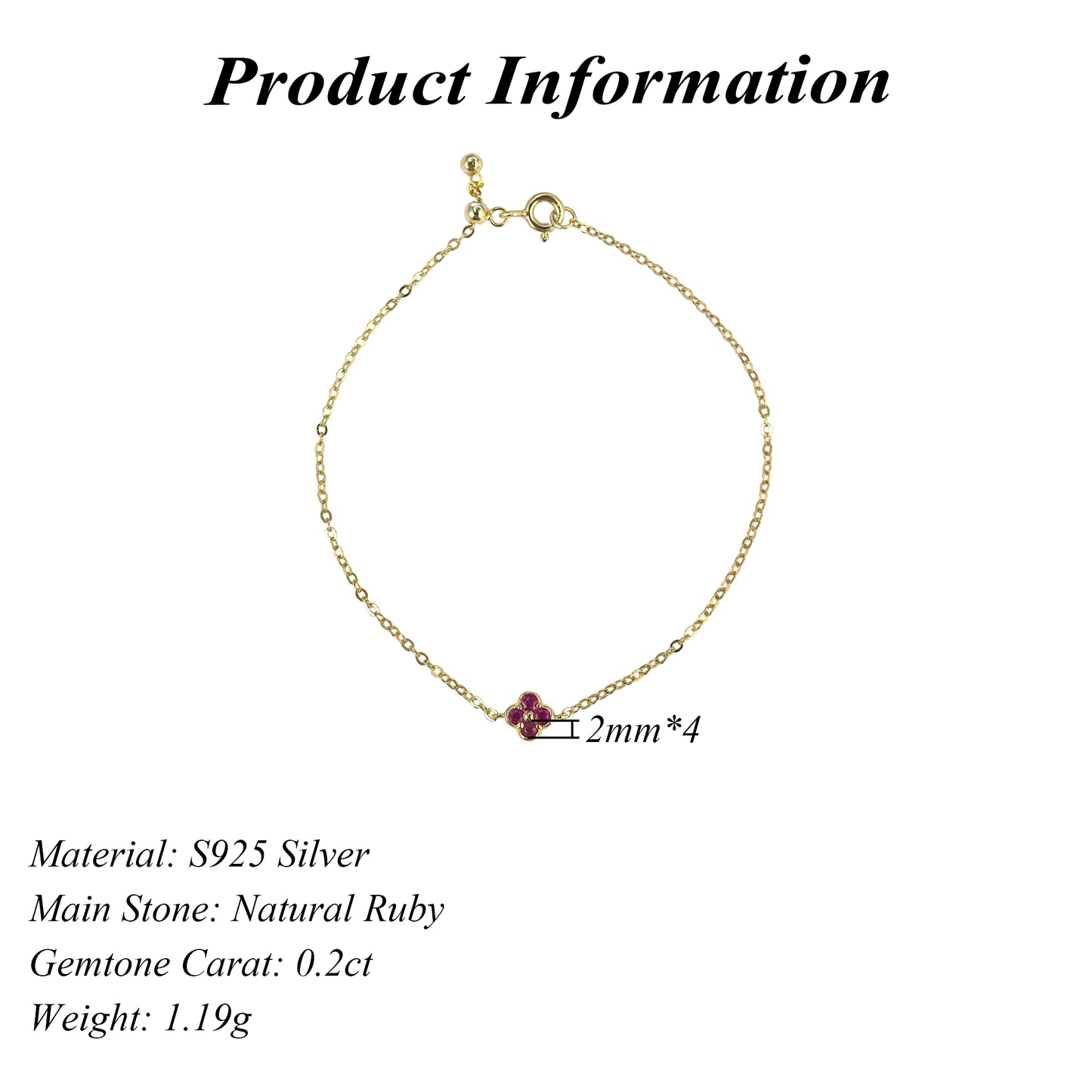 Delicate 18K Gold Plated Silver 925 Jewelry Natural Ruby Four Leaf Clover Bracelet