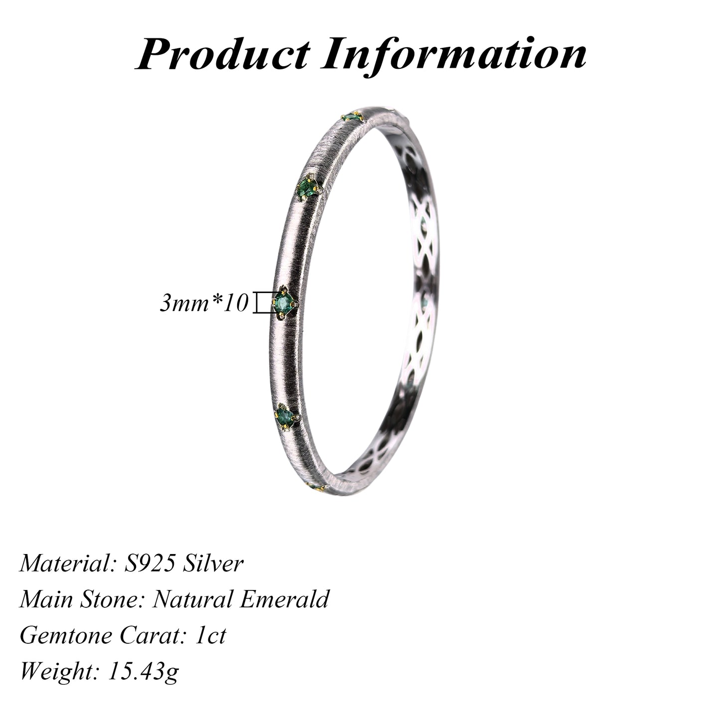 Unique Rhodium and Gold Plated Silver 925 Jewelry Natural Emerald Bangle