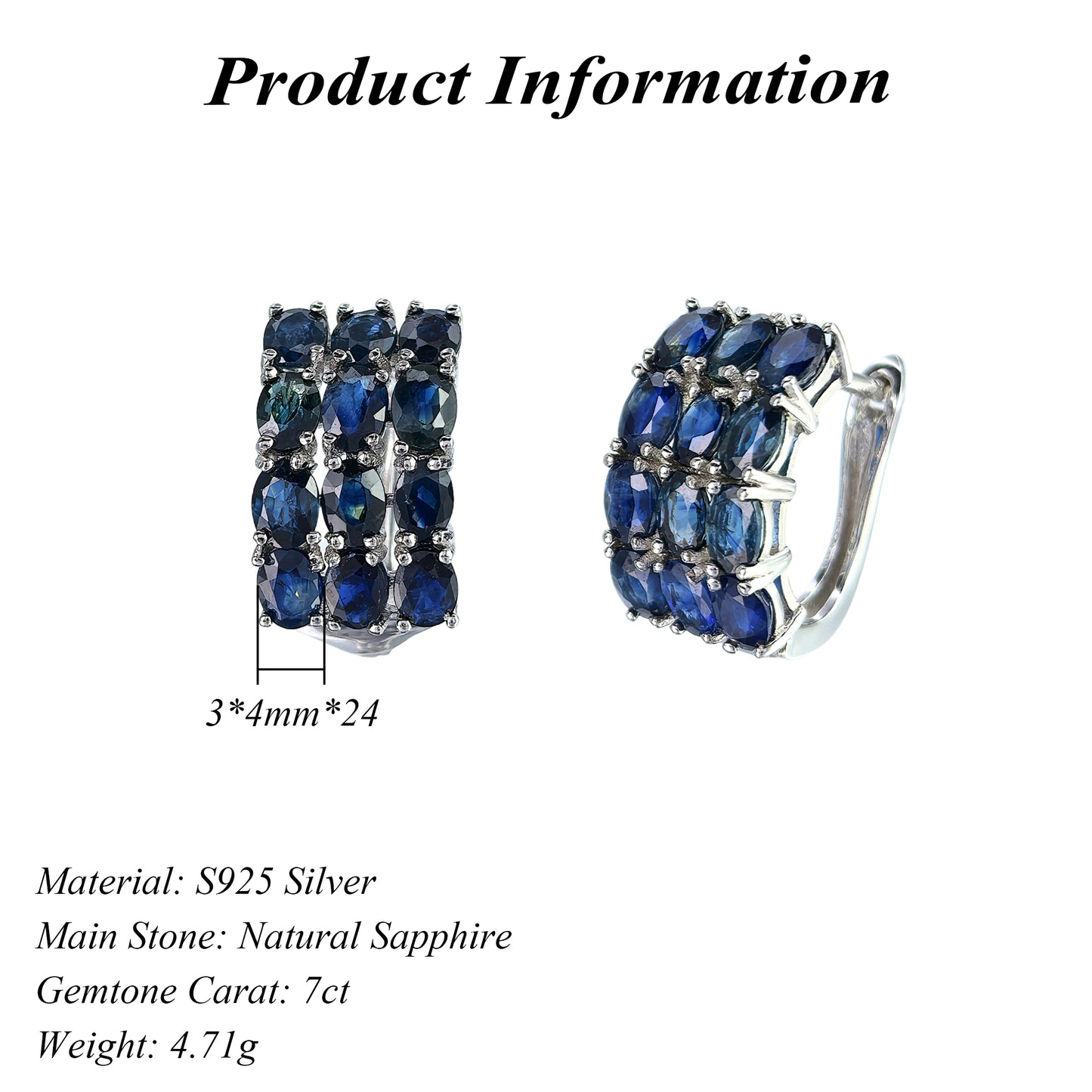 Noble Rhodium Plated Silver 925 Jewelry Natural Sapphire Hoop Earrings