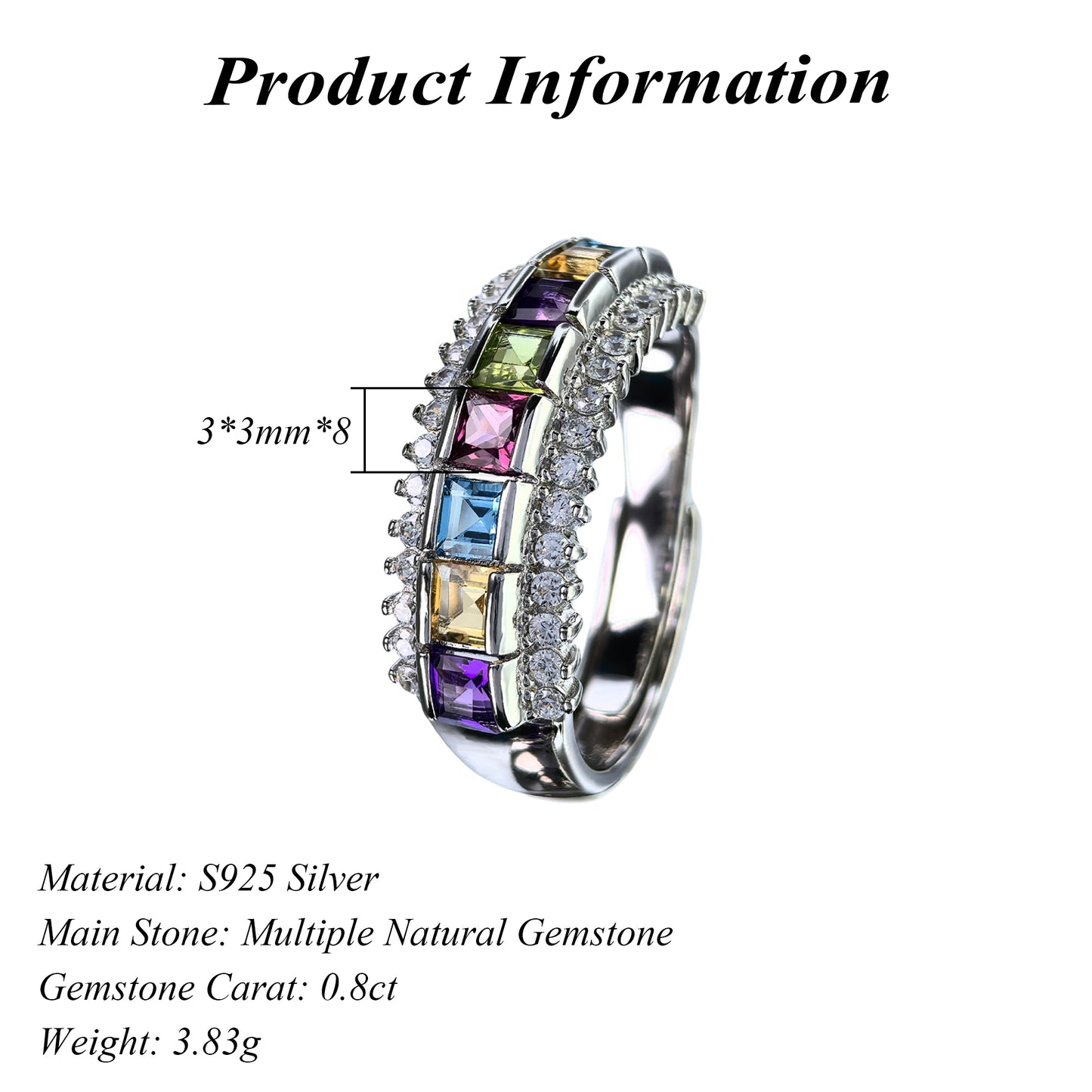 Exquisite Rhodium Plated 925 Silver Jewelry Multiple Natural Gemstone Ring