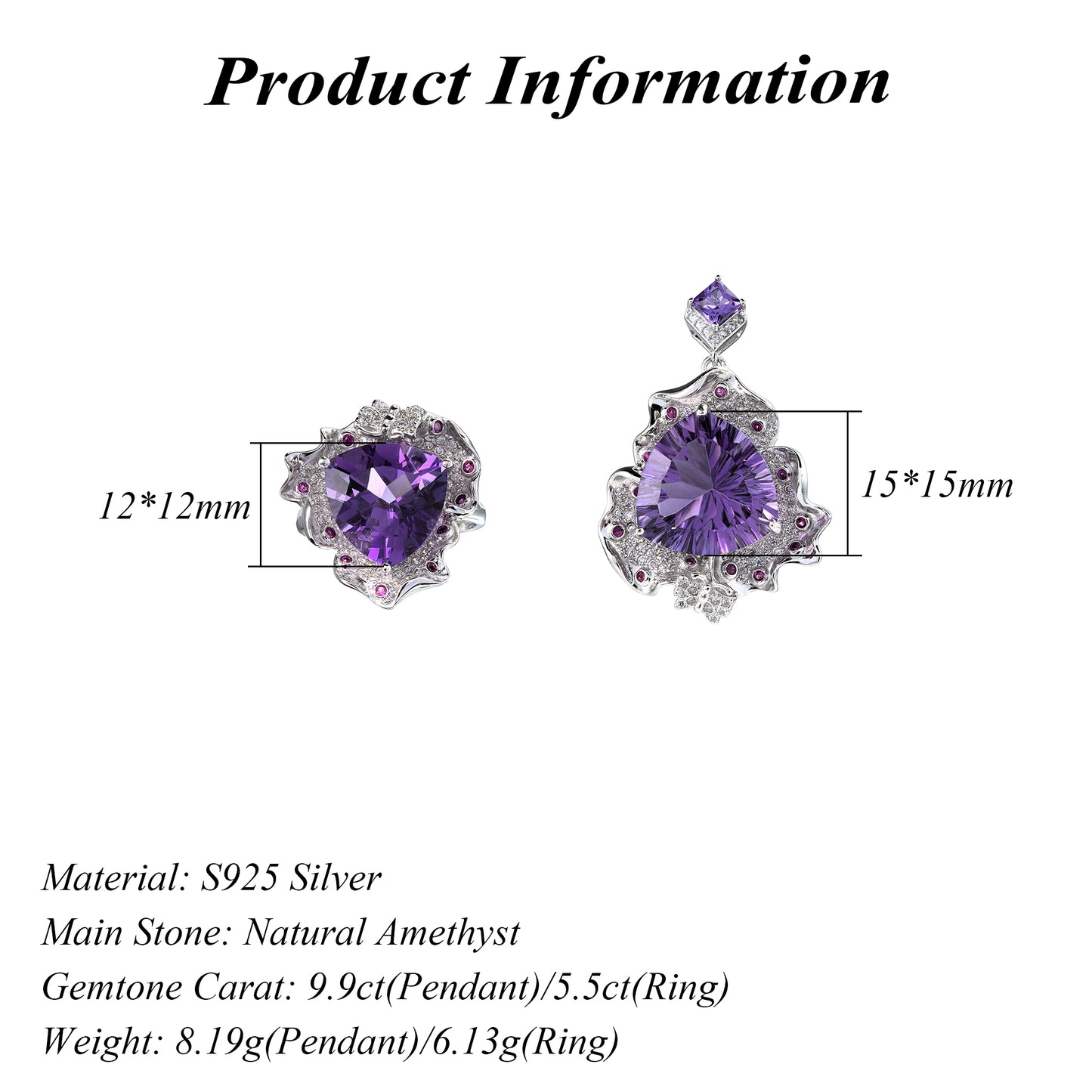 Graceful Rhodium Plated 925 Sterling Silver Natural Amethyst Flower Jewelry Set