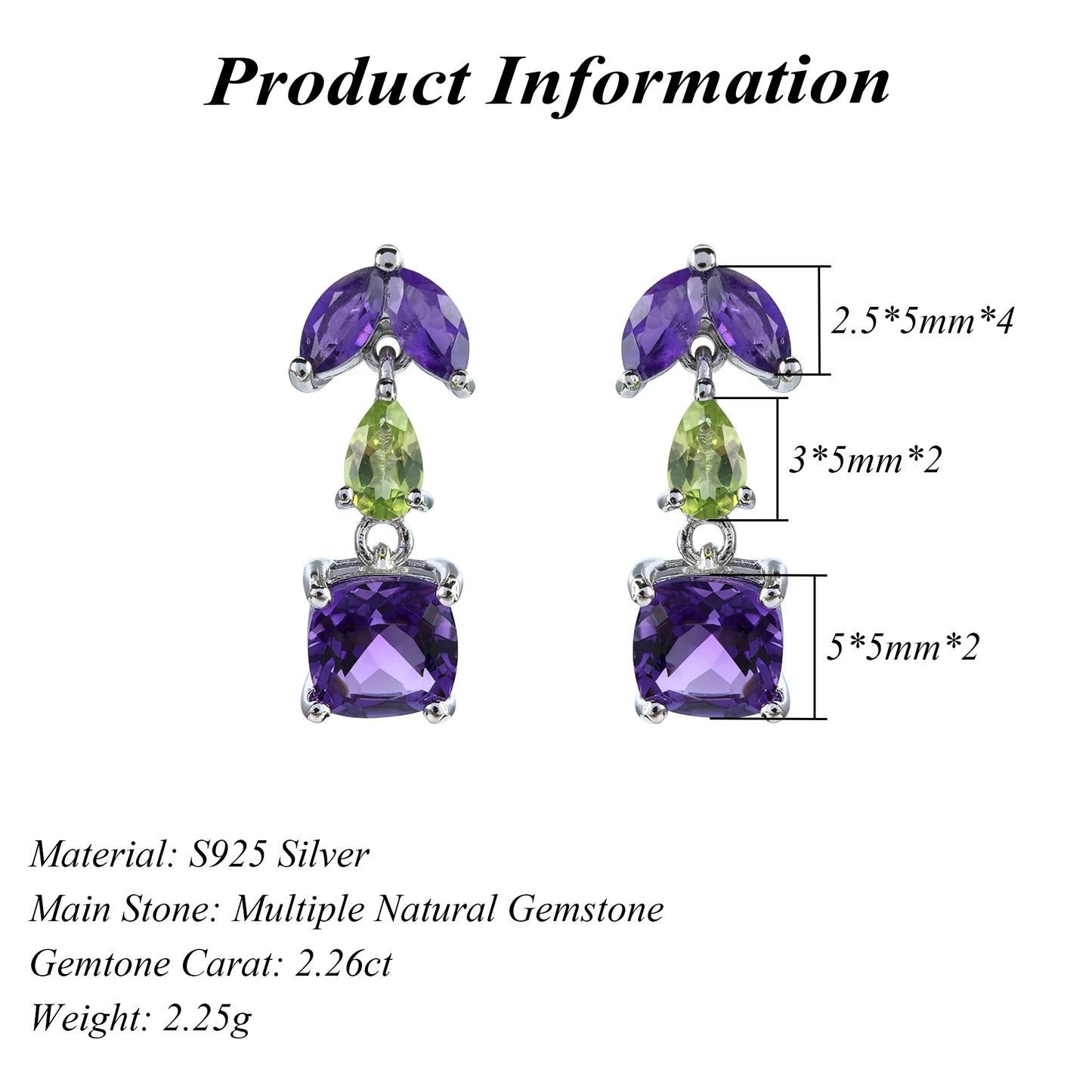 Elegant Rhodium Plated 925 Silver Jewelry Multiple Natural Gemstone Drop Earrings