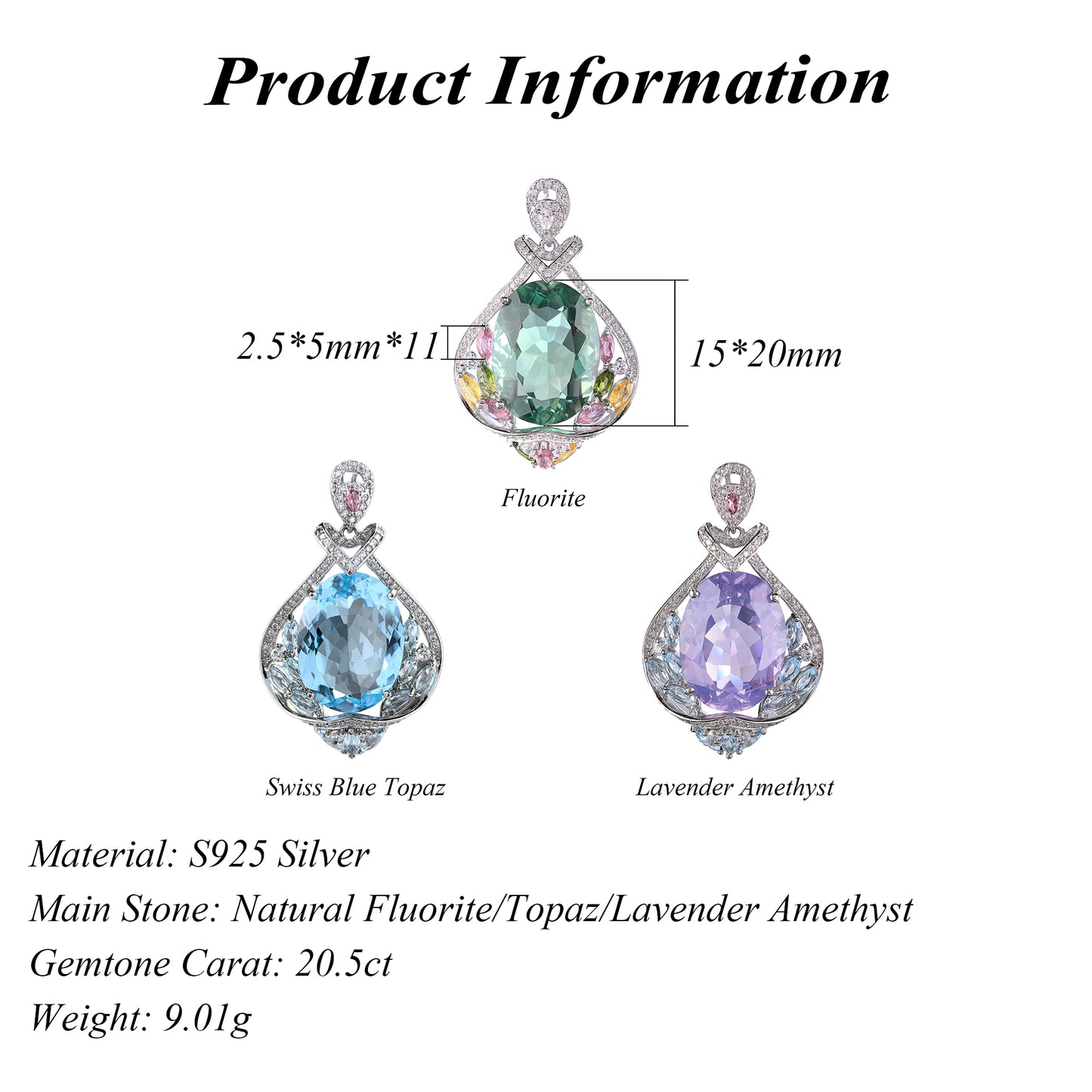 Rhodium Plated Silver 925 Natural Swiss Blue Topaz/Lavender/Fluorite Amethyst Pendant