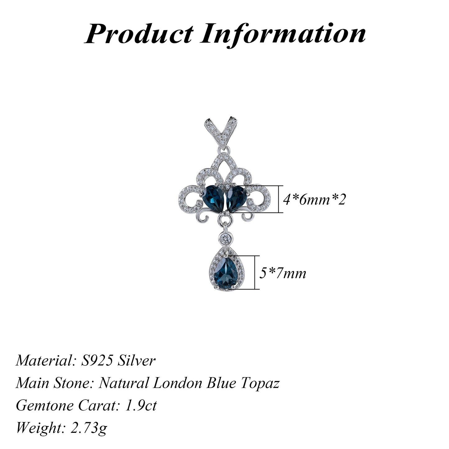 Elegant Rhodium Plated 925 Sterling Silver Natural London Blue Topaz Pendant