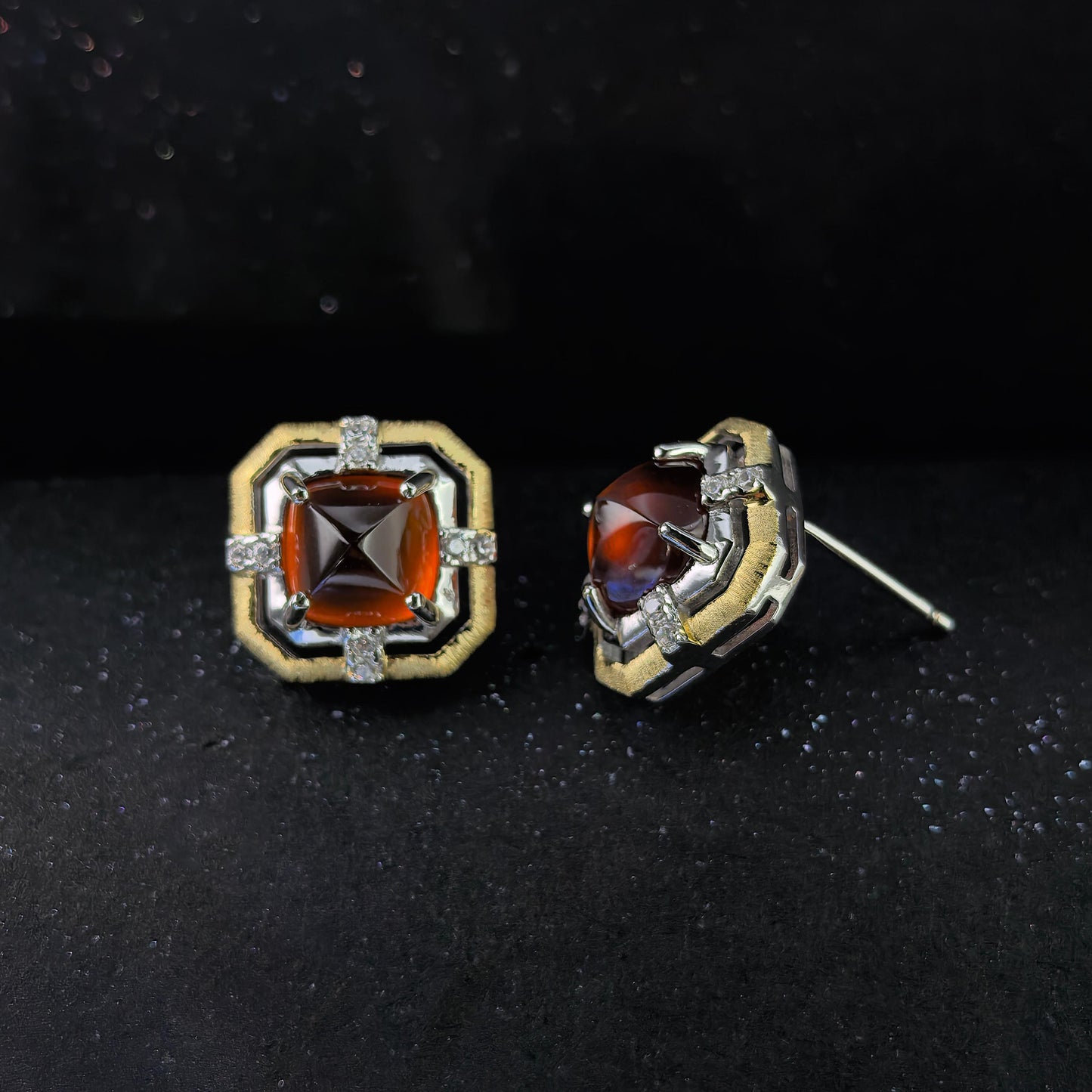 Vintage Dual Color Plated 925 Silver Jewelry Natural Mandarin Garnet Stud Earrings