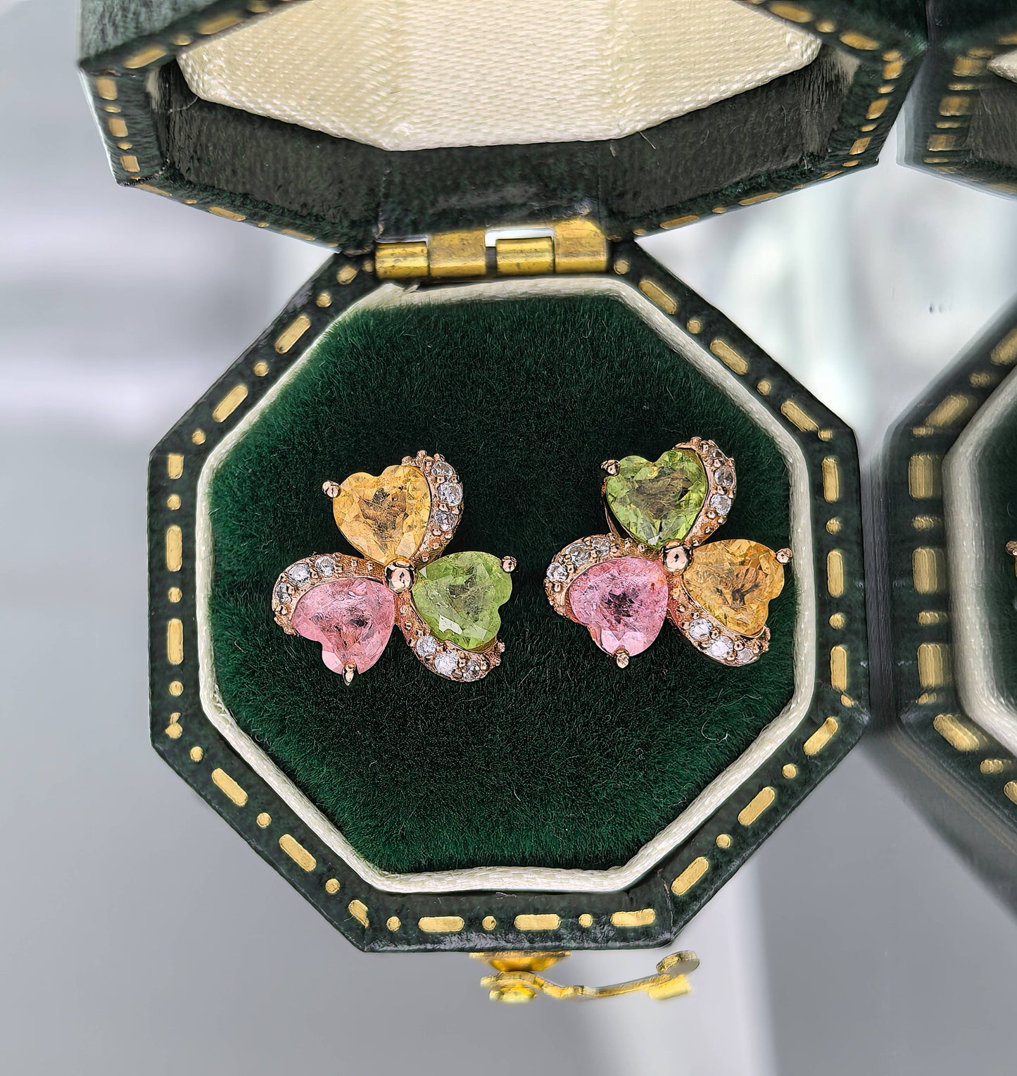 Delicate Rose Gold Plated 925 Sterling Silver Natural Tourmaline Clover Stud Earrings