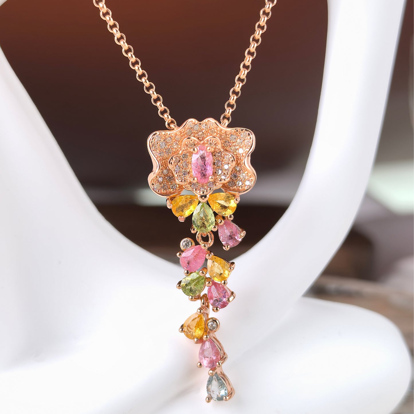 Graceful Rose Gold Plated 925 Silver Jewelry Natural Tourmaline Flower Necklace