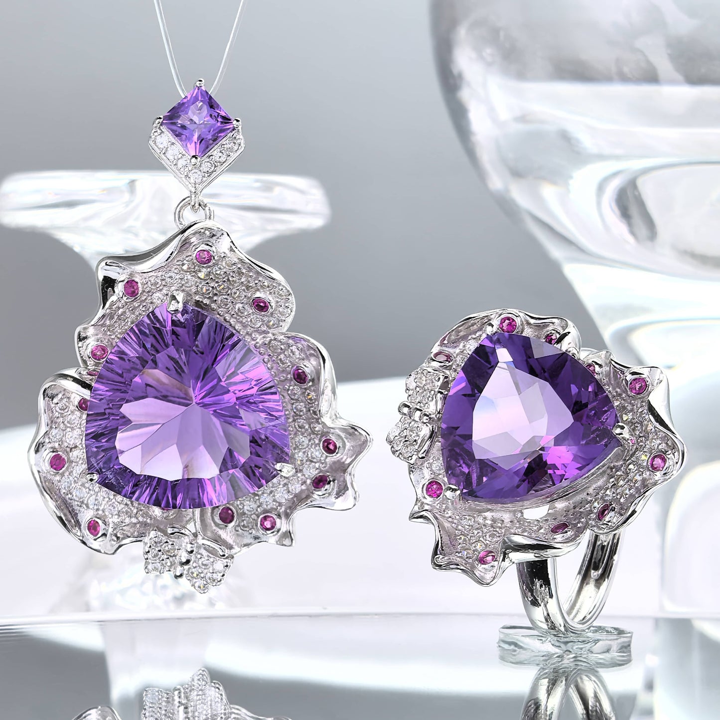 Graceful Rhodium Plated 925 Sterling Silver Natural Amethyst Flower Jewelry Set