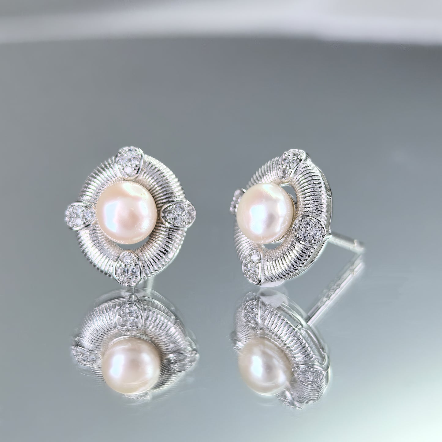 Unique Rhodium Plated Silver 925 Jewelry Freshwater Pearl Stud Earrings