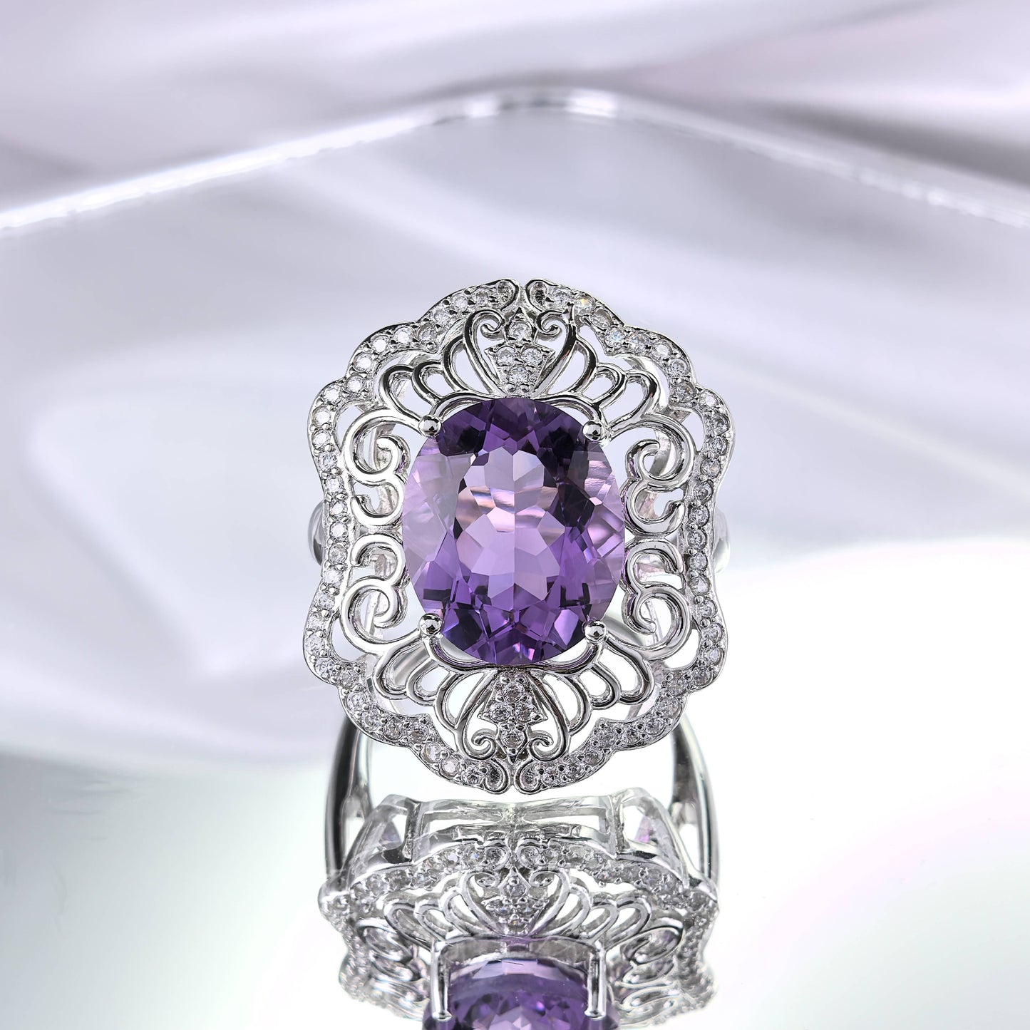 Artistic Rhodium Plated Sterling Silver 925 Natural Amethyst Ring