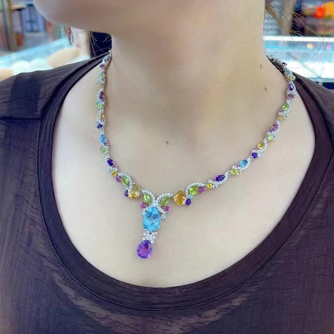 Luxurious Rhodium Plated Silver 925 Jewelry Multiple Natural Gemstone Necklace