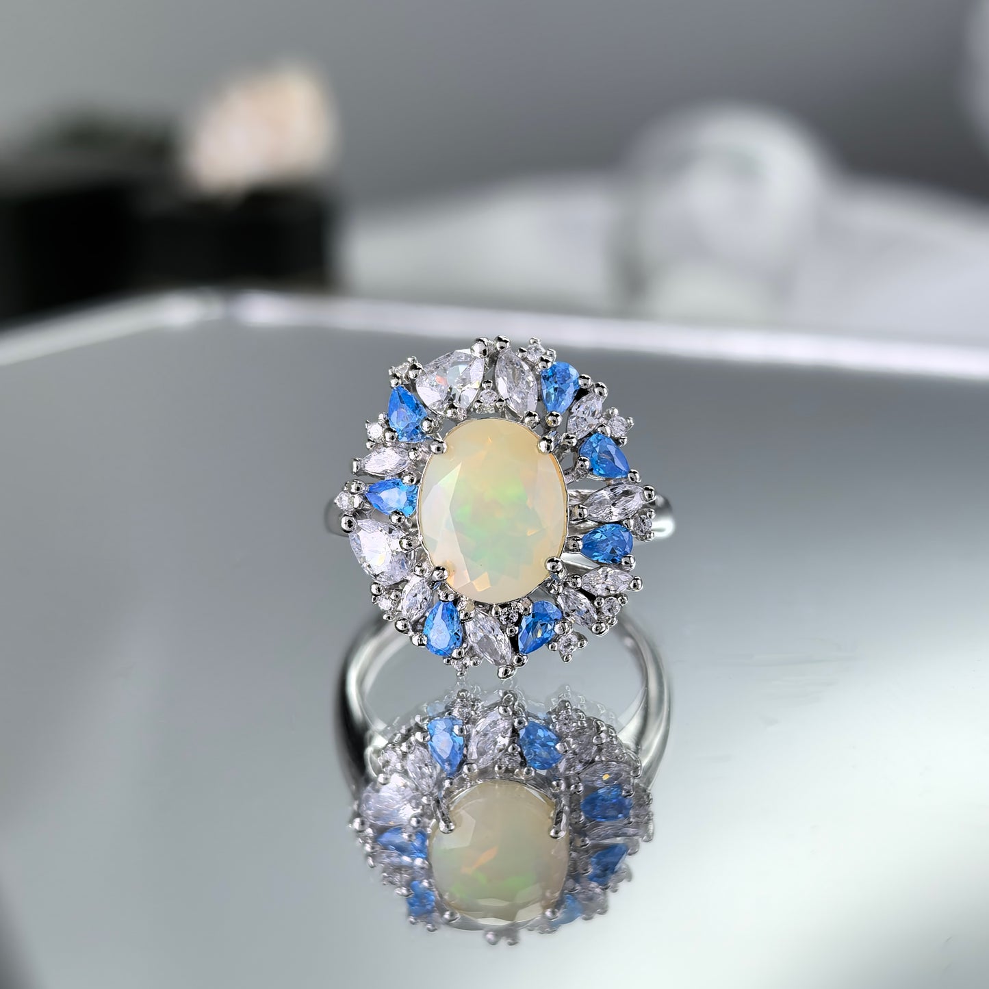 Sparkling Rhodium Plated Silver 925 Jewelry Natural Opal Ring for Women Fine Rings
