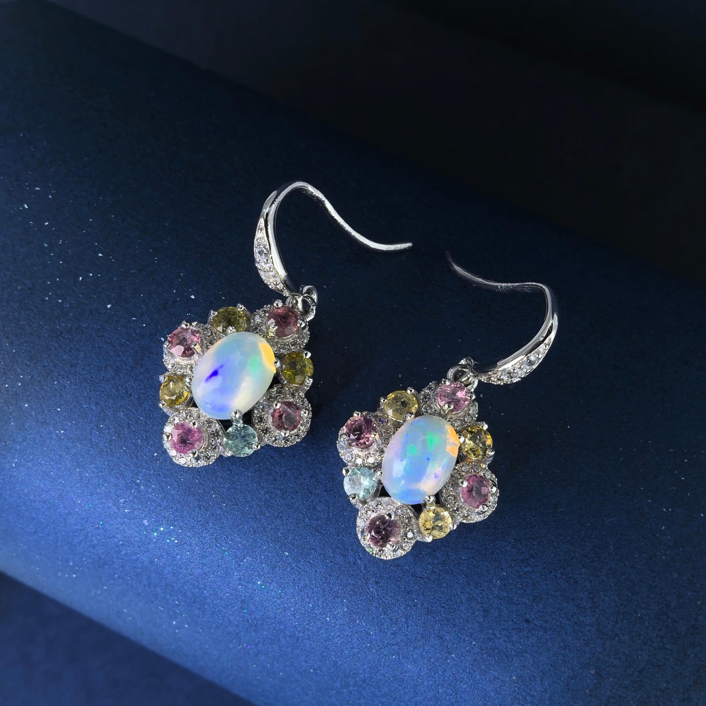 Delicate Rhodium Plated 925 Silver Jewelry Natural Opal Flower Drop Earrings