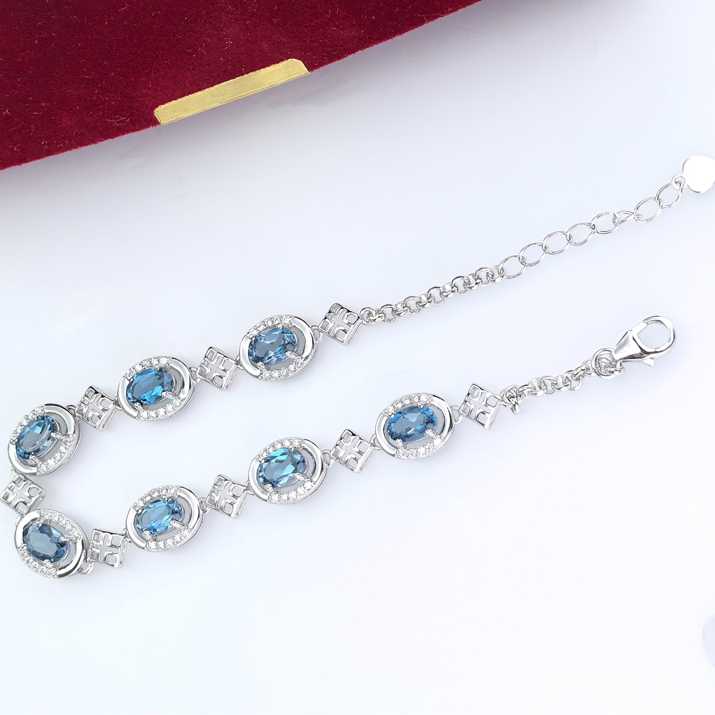 Exquisite Rhodium Plated 925 Silver Bracelet with Natural London Blue Topaz