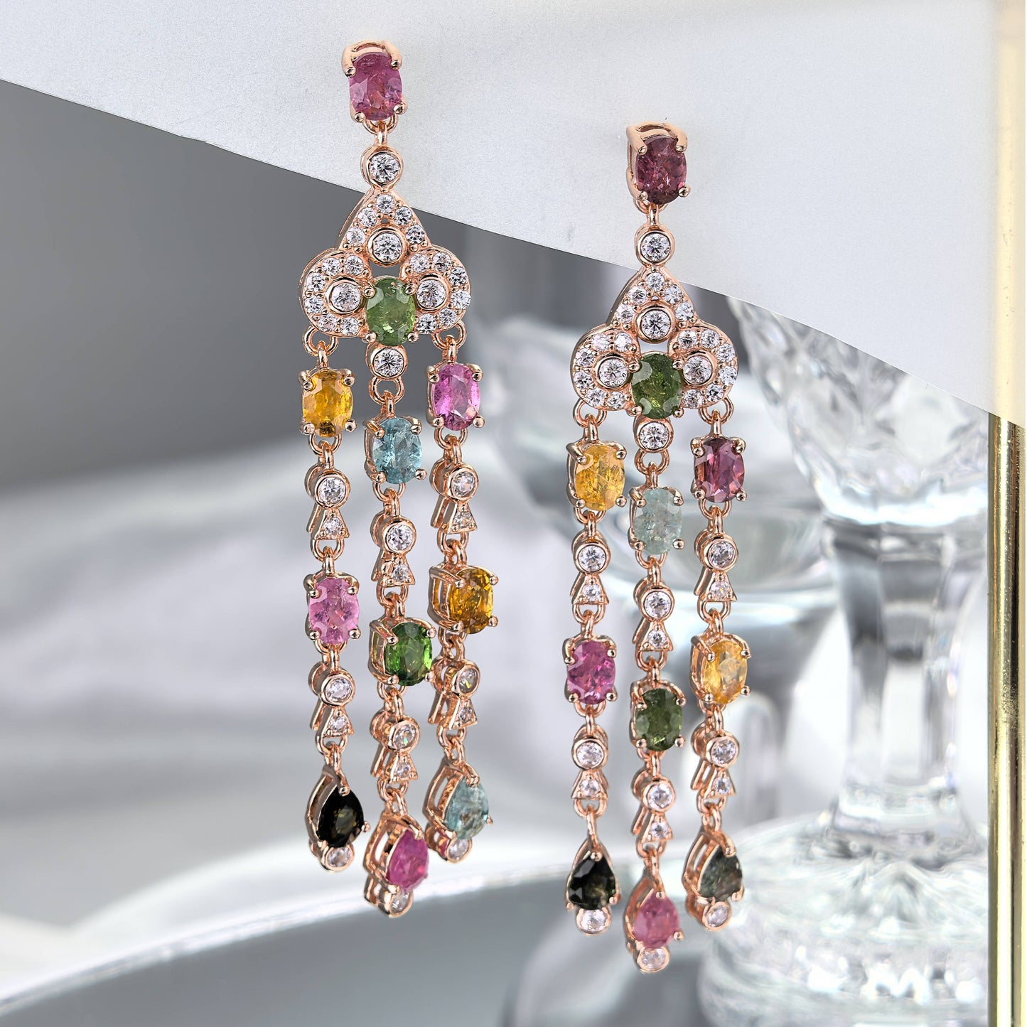Precious Rose Gold Plated 925 Sterling Silver Natural Tourmaline Long Drop Earrings