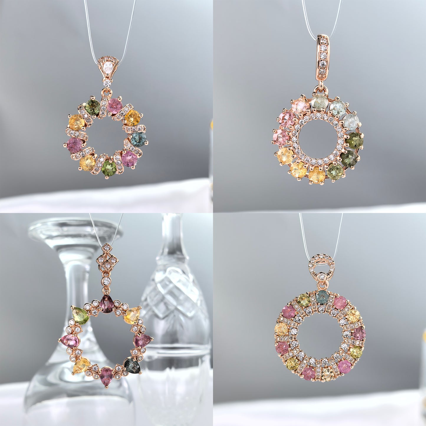 925 Silver Dazzling Rose Gold Plated Fine Pendants Natural Tourmaline round Charm Pendants