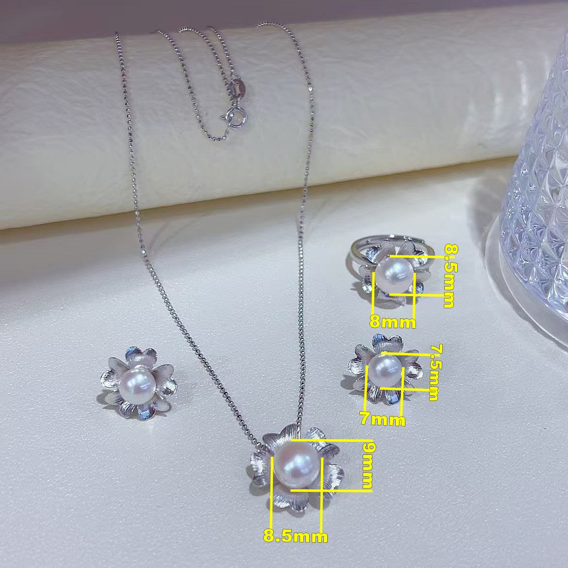 Elegant 925 Sterling Silver Freshwater Pearl Flower Jewelry Set Rhodium Plated