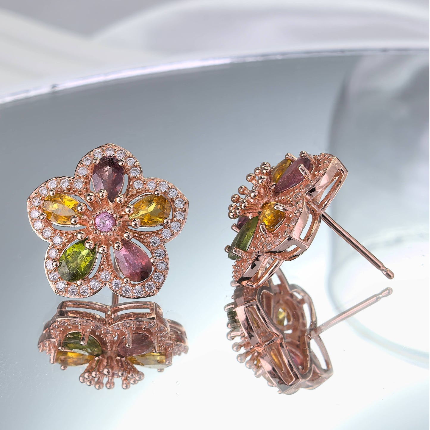Gorgeous Rose Gold Plated 925 Sterling Silver Natural Tourmaline Flower Stud Earrings