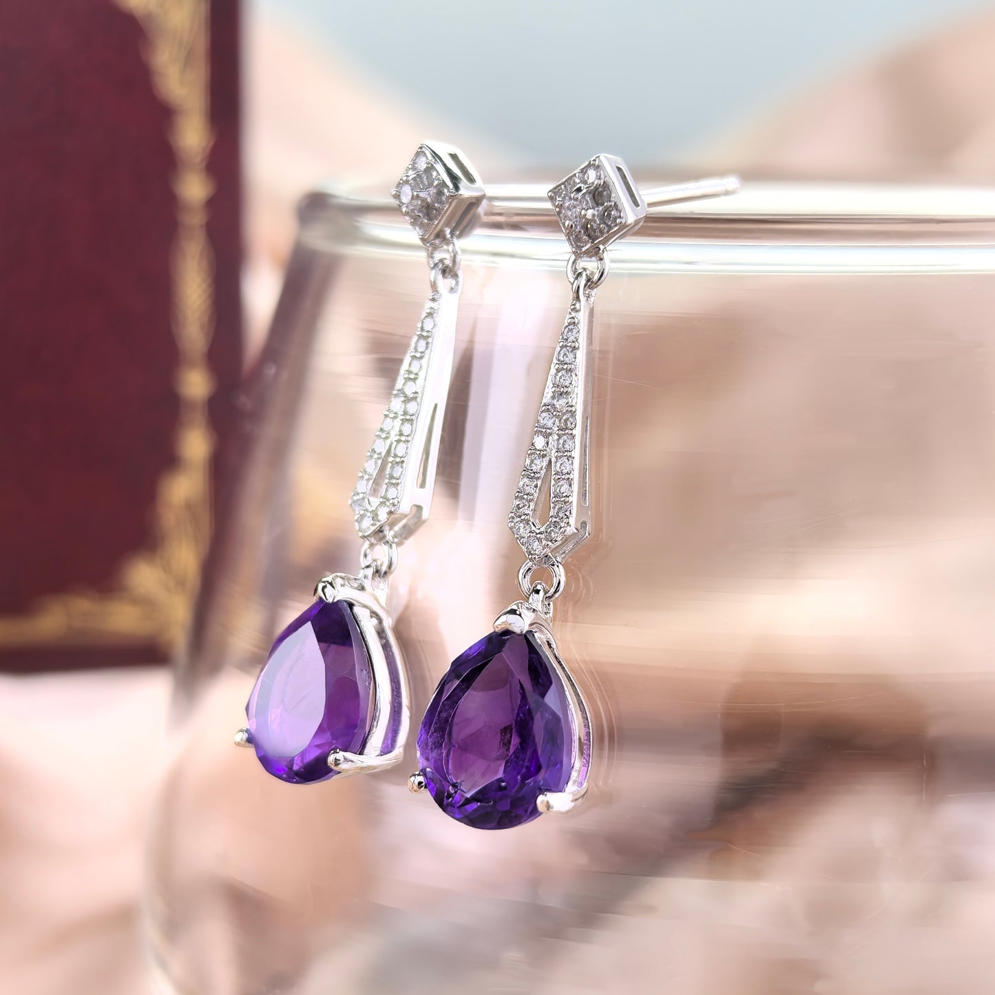 Elegant Rhodium Plated 925 Silver Trendy Natural Amethyst Dangling Drop Earrings