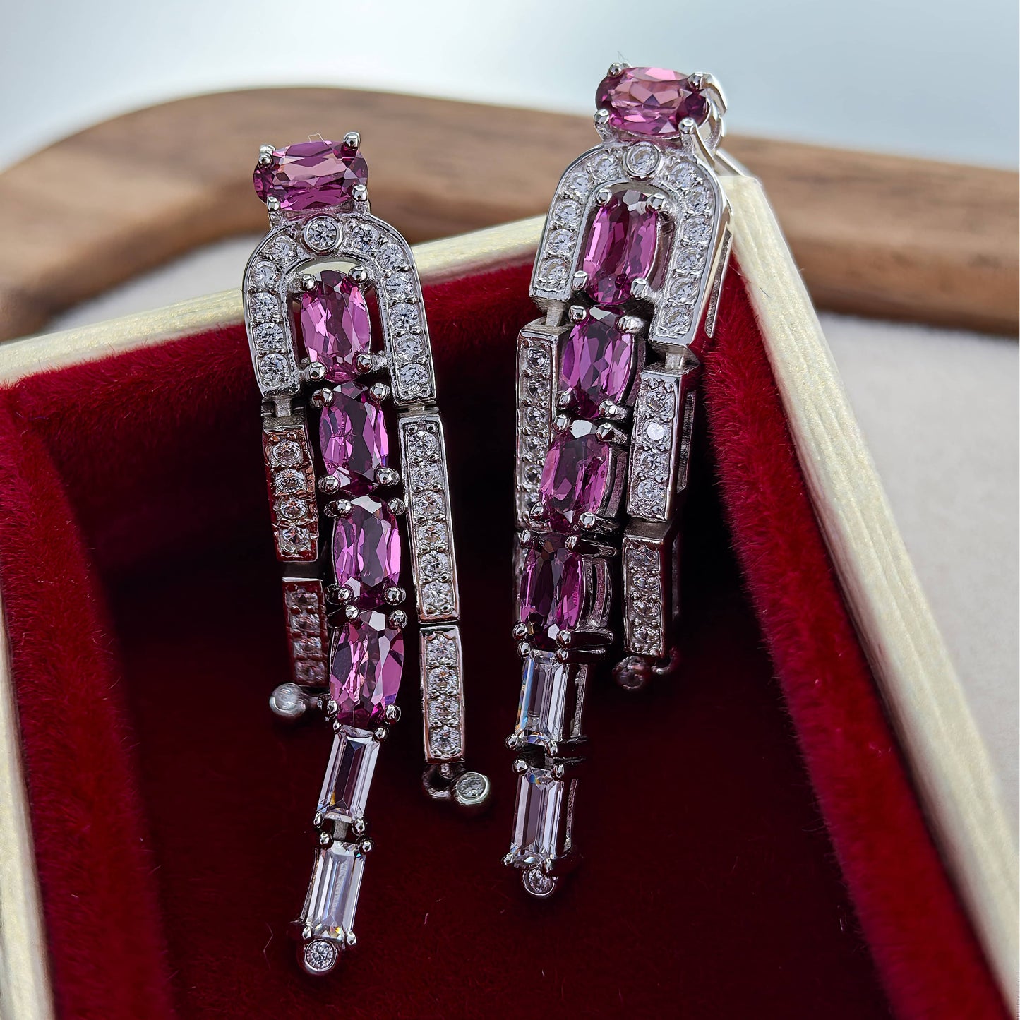 Rhodium Plated 925 Silver Jewelry Natural Pyrope Drop Statement Earrings