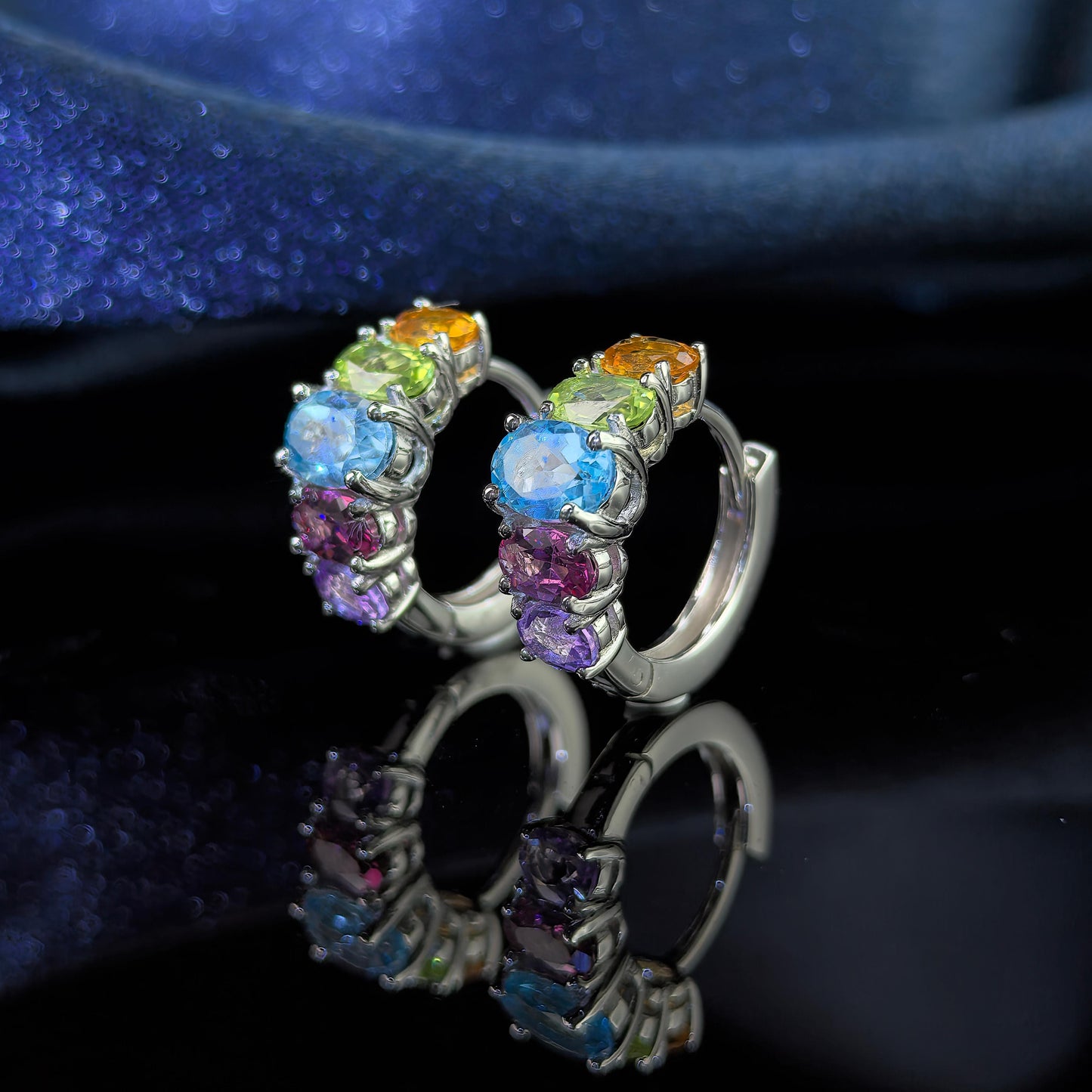 Exquisite Rhodium Plated Silver 925 Jewelry Multiple Natural Gemstone Hoop Earrings