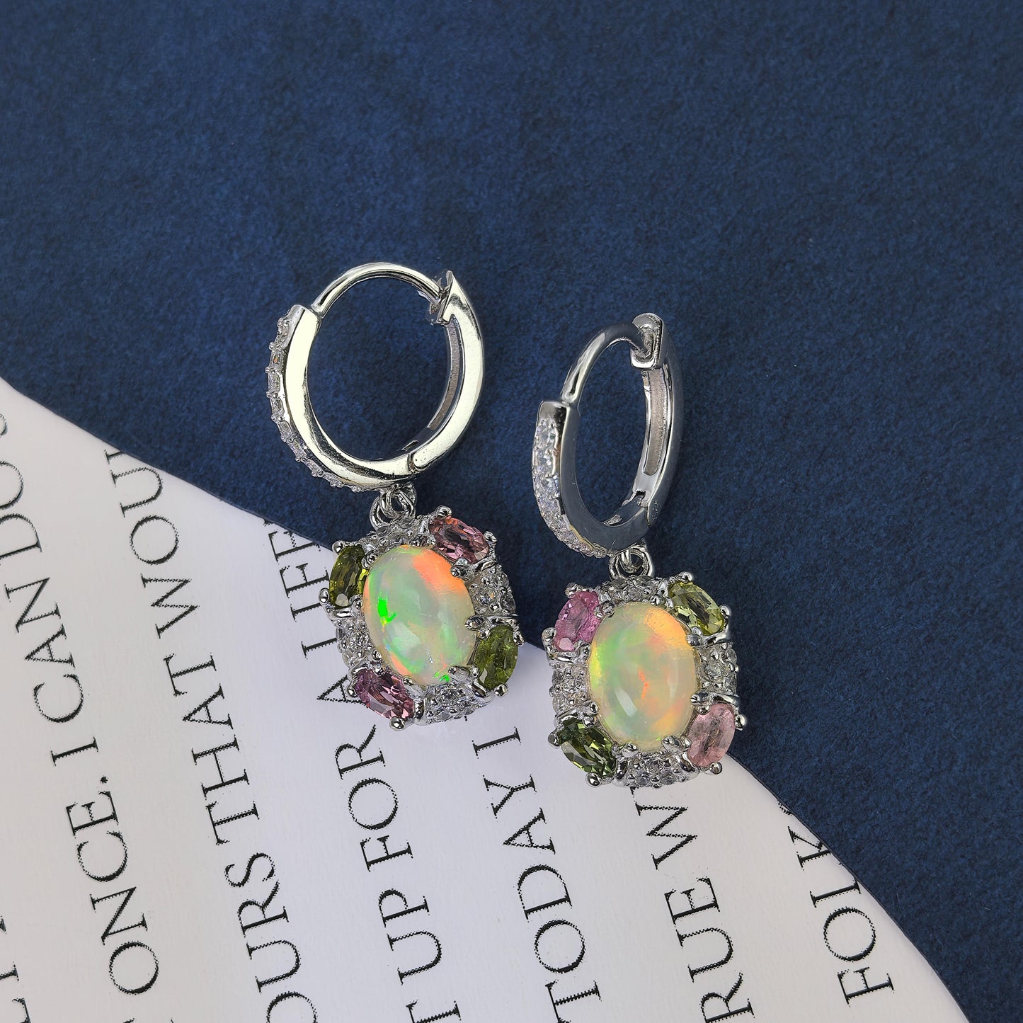 Delicate Rhodium Plated 925 Silver Jewelry Natural Opal Drop Earrings