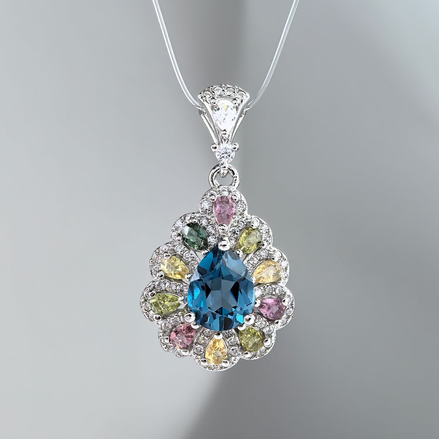 Delicate Rhodium Plated 925 Sterling Silver Natural London Blue Topaz Pendant
