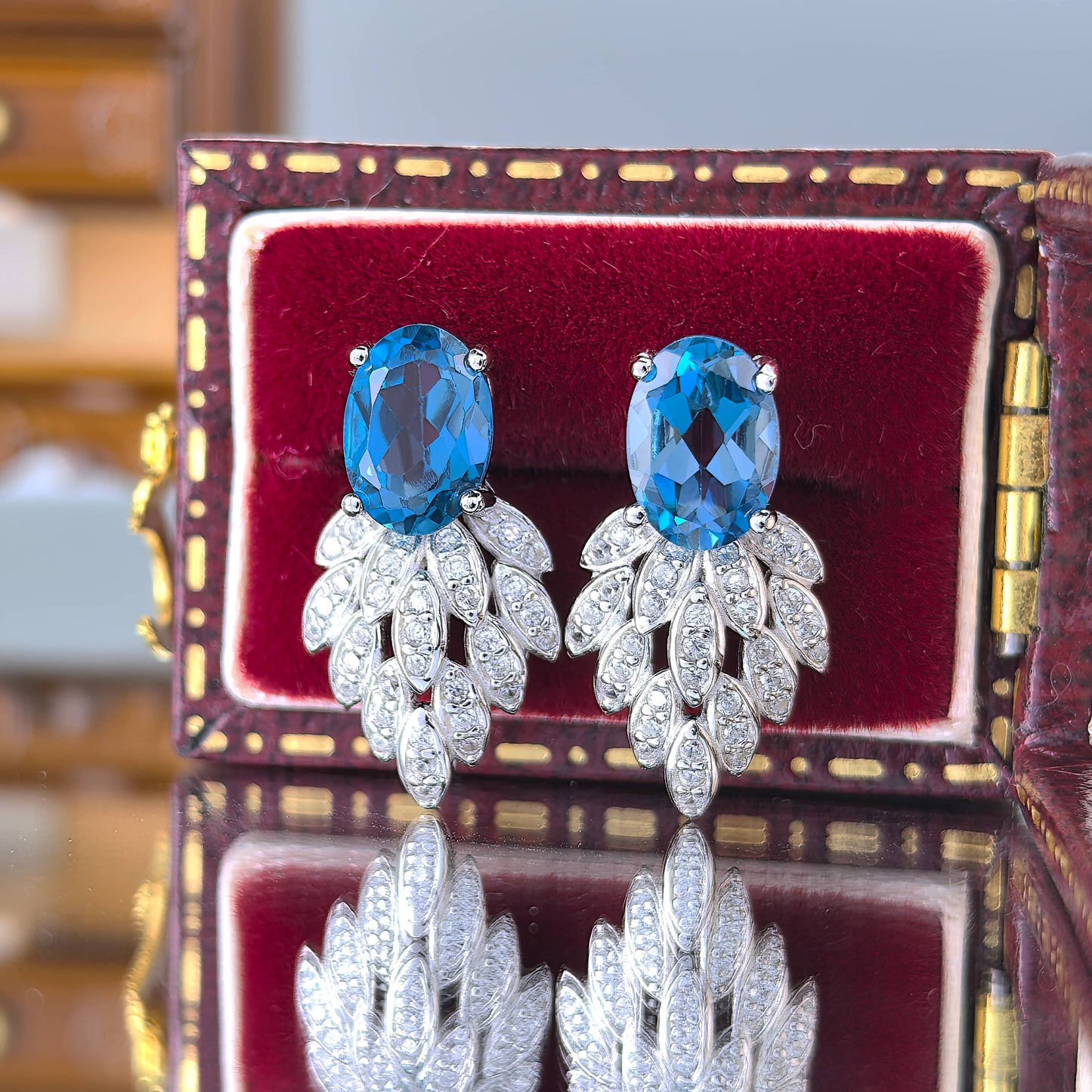 Gorgeous Rhodium Plated S925 Silver Natural London Blue Topaz Stud Earrings