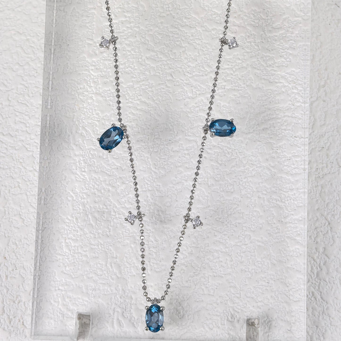 Elegant Rhodium Plated Silver 925 Natural Swiss Blue Topaz/London Blue Topaz Necklace