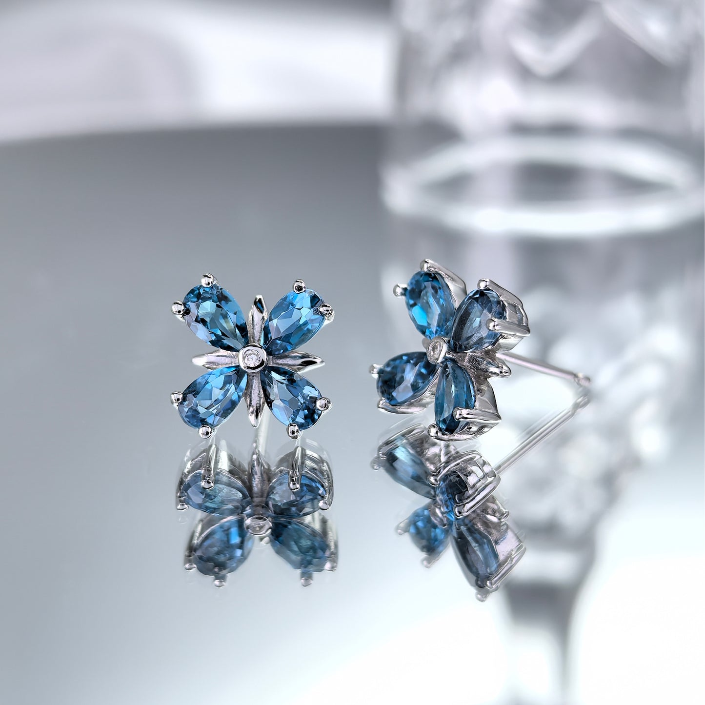 Rhodium Plated 925 Sterling Silver Natural London Blue Topaz Four Leaf Clover Stud Earrings
