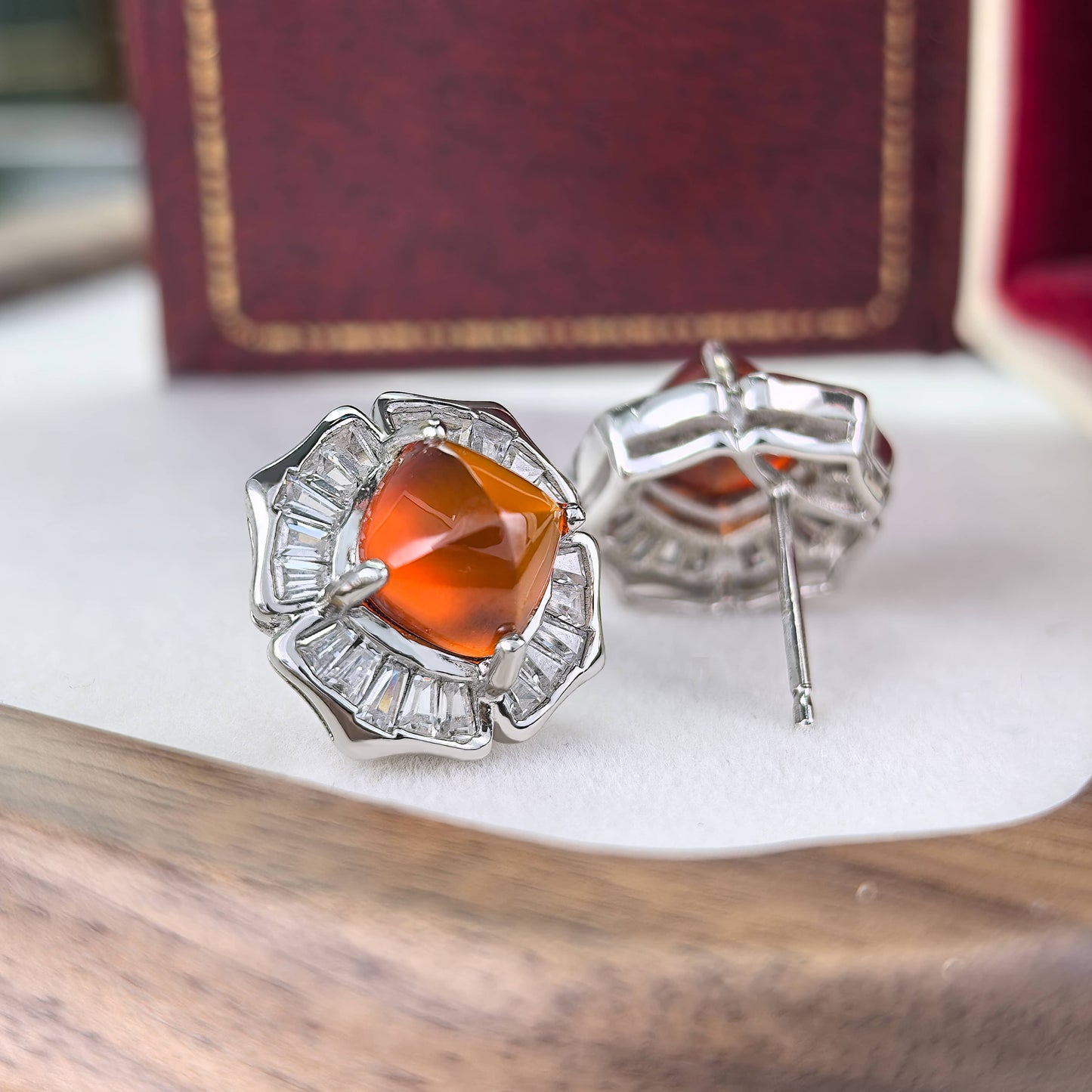 Gorgeous Rhodium Plated 925 Silver Jewelry Natural Mandarin Garnet Stud Earrings