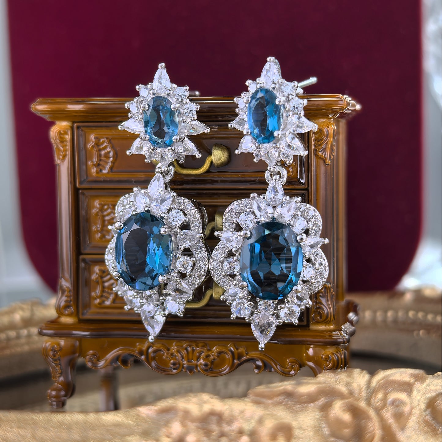 Elegant Rhodium Plated 925 Silver Oval Cut Natural London Blue Topaz Drop Earrings
