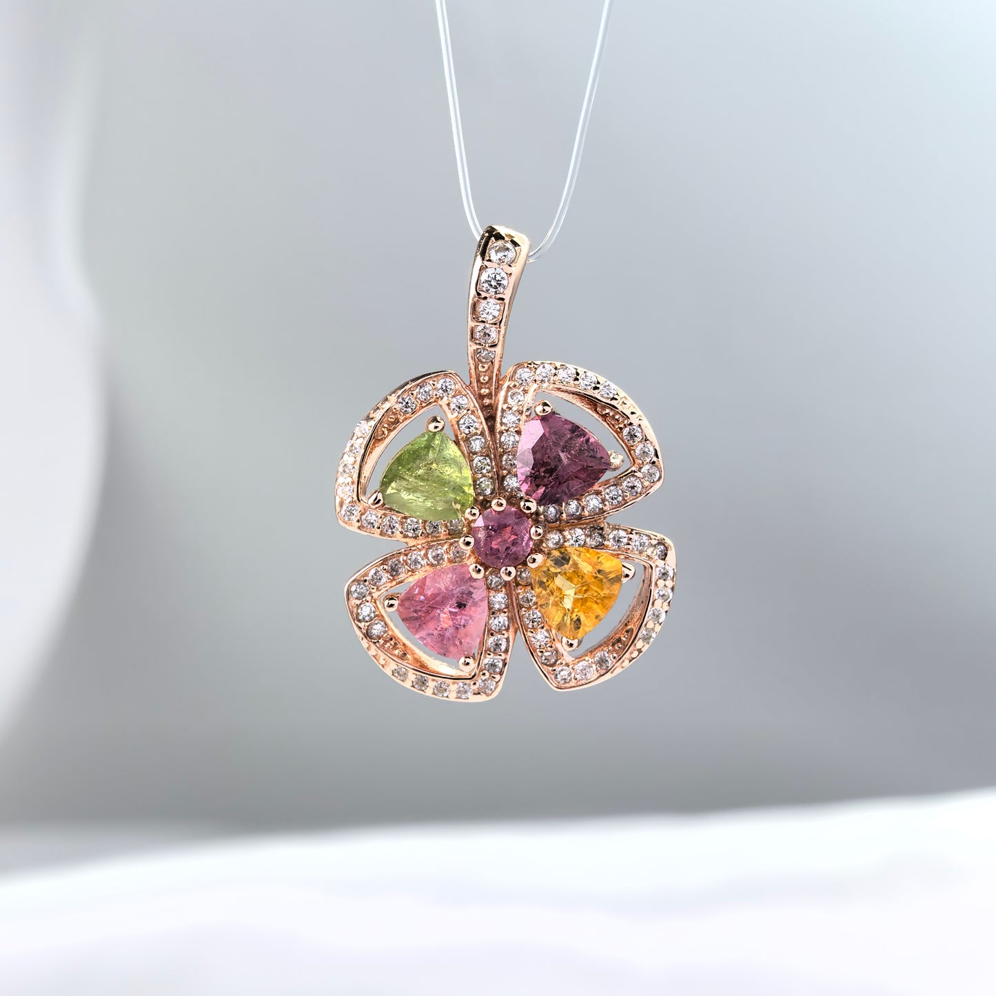 Trendy Rose Gold Plated 925 Sterling Silver Natural Tourmaline Four Leaf Clover Pendant