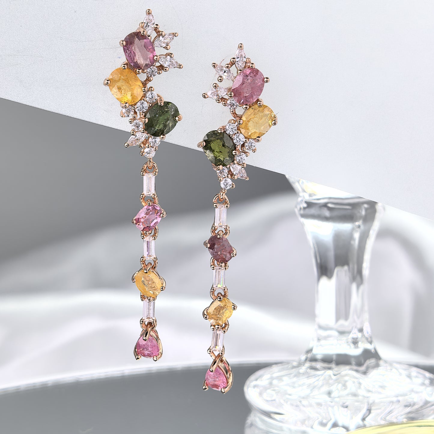 Elegant Rose Gold Plated 925 Sterling Silver Natural Tourmaline Drop Earrings
