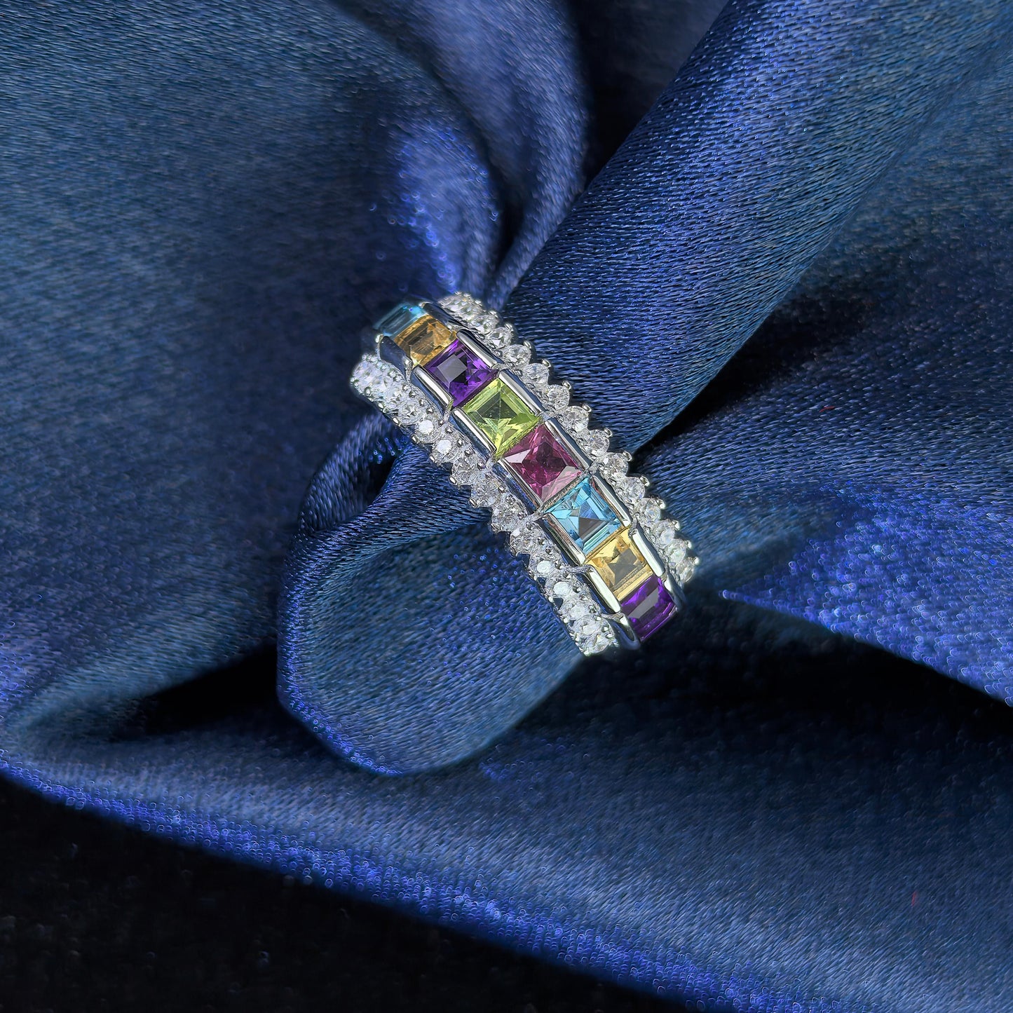 Exquisite Rhodium Plated 925 Silver Jewelry Multiple Natural Gemstone Ring