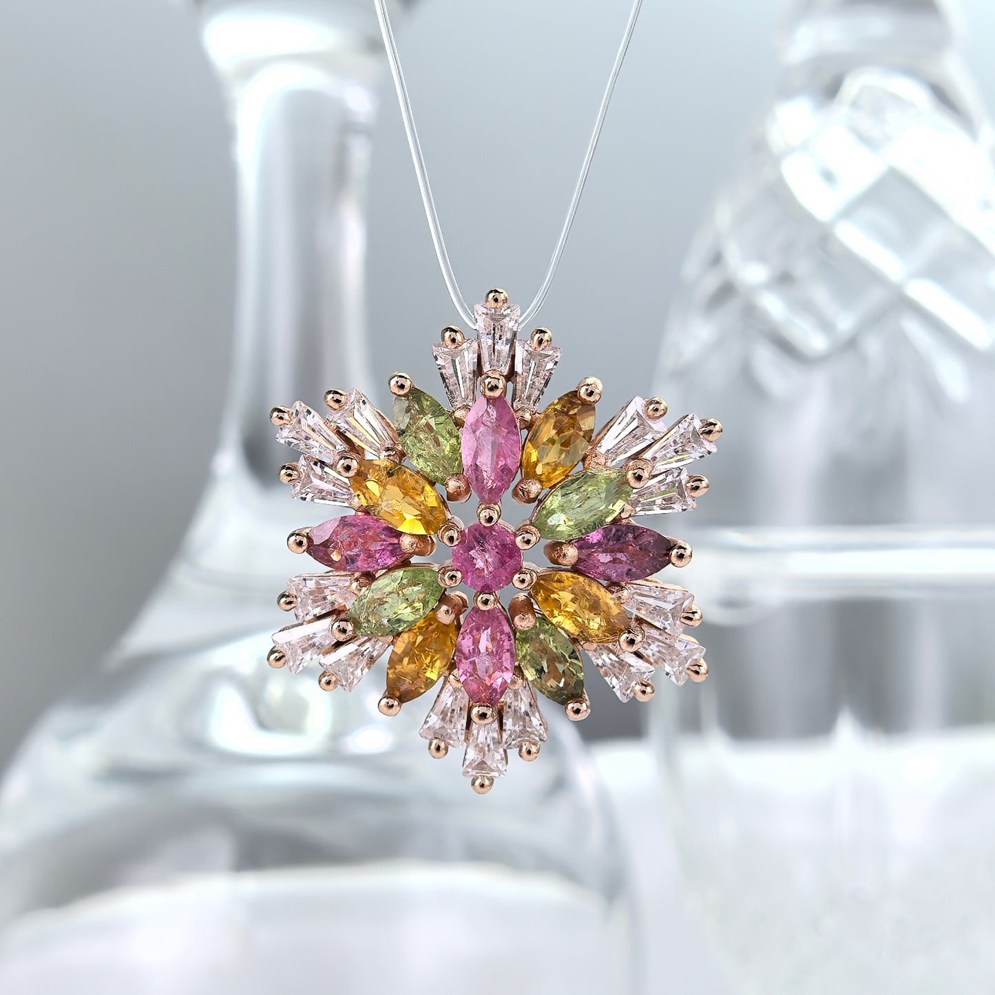 Sparkling Rose Gold Plated 925 Sterling Silver Natural Tourmaline Snowflake Pendant