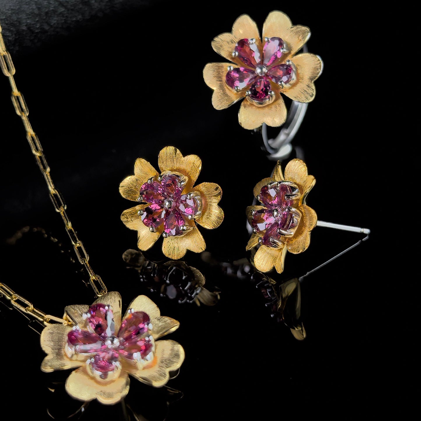 Elegant Dual Color Plated Silver 925 Jewelry Natural Pyrope Flower Jewelry Set
