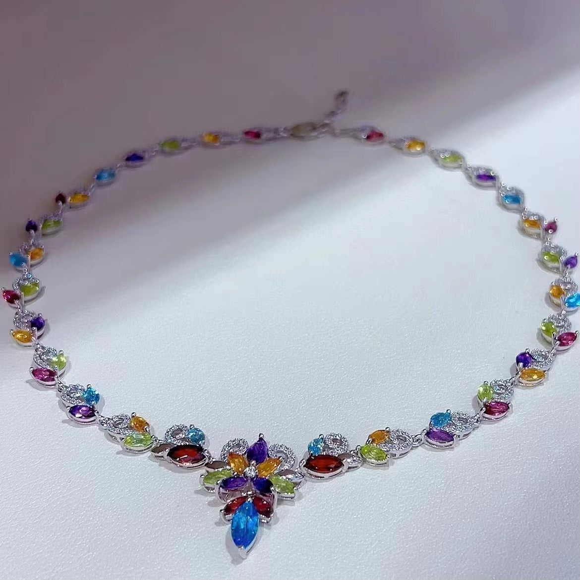 Luxurious Rhodium Plated Silver 925 Jewelry Multiple Natural Gemstone Necklace